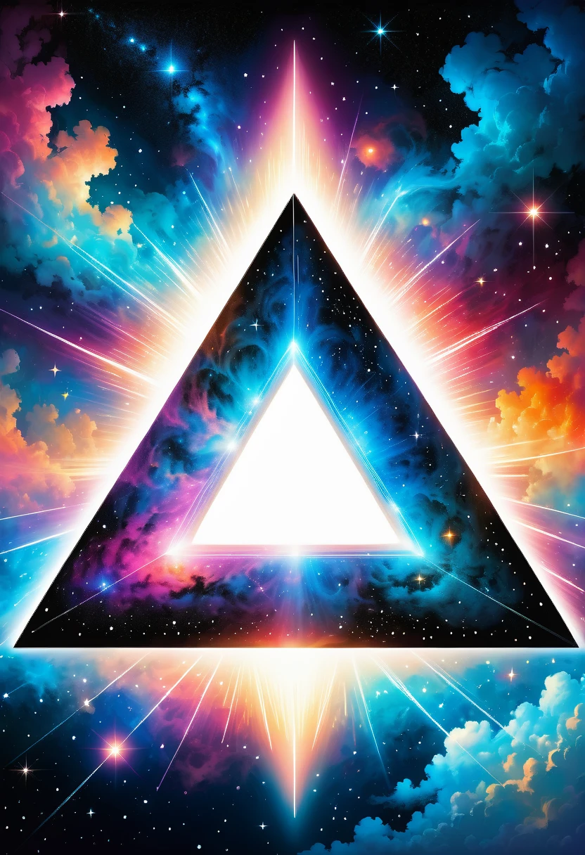 Giant triangle cybernetics,Magnificent cosmic starry sky background,Intricate illustration in surreal art style,surreal dream,Dubrec style,Transparent geometric shape close-up,(multiple exposure:1.8),