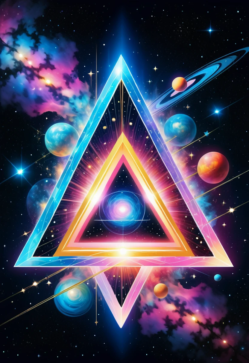 Giant triangle cybernetics,Magnificent cosmic starry sky background,Intricate illustration in surreal art style,surreal dream,Dubrec style,Transparent geometric shape close-up,(multiple exposure:1.8),