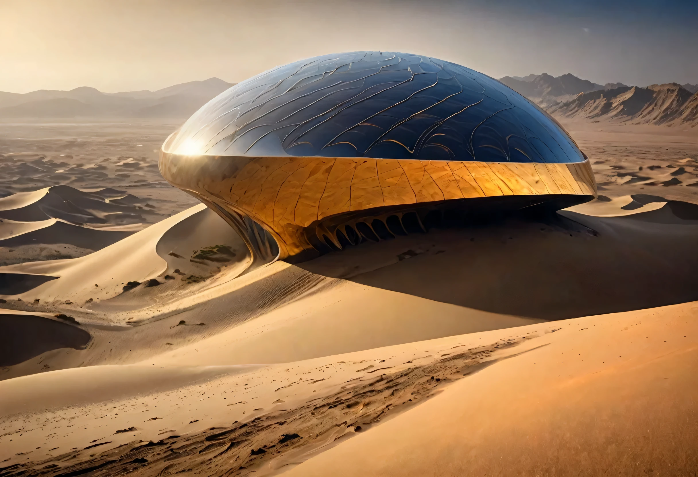 best quality, masterpiece, ultra high resolution, (lifelike:1.4), original photo,dune，scifi movie scene，Architecture in the desert、Mountain integration