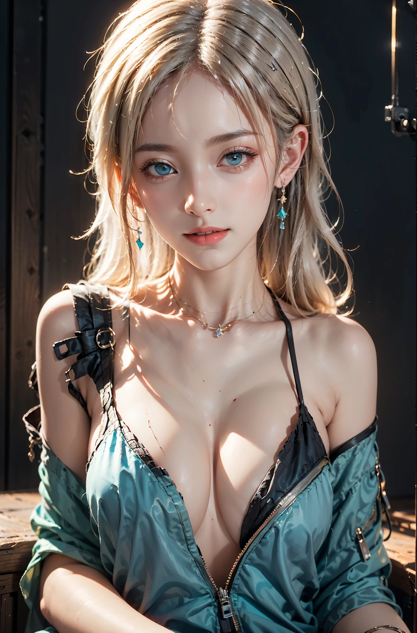 ((Bare shoulder)), cleavage, large breasts, , (knee shot), (Surreal), (illustration), (Resolution enhancement), (8k), (Very detailed), (Best illustration), (Beautiful and delicate eyes), (best quality), (Super detailed), (masterpiece ), ( wallpaper), (Detailed face),one blonde, curls,(High top fade in and out:1.3), (Smile brightly, bright look), dark theme, soothing tone, pastel colors, high contrast, (natural skin texture, Surrealism, soft light, Impatient),exposure blending, medium shot, Bokeh, (human development report:1.4), high contrast, (Movie, teal and orange:0.85), (pastel colors, fade, soothing tone:1.3), high saturation, (Super detailed:1.2),(big breasts :1.2)