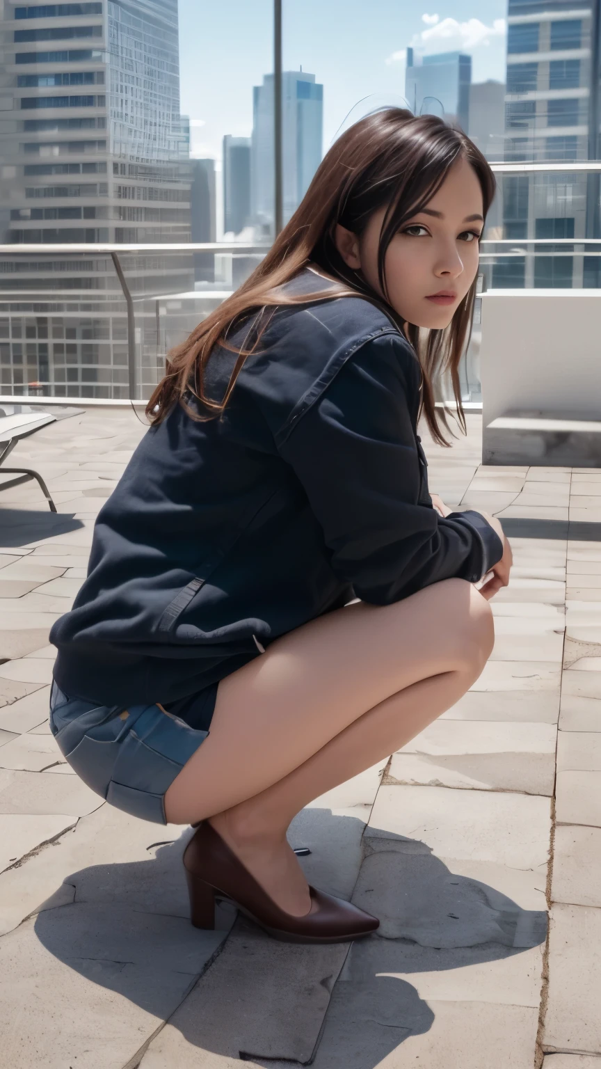 (Best Quality, 4K, 8K, High Definition, Masterpiece: 1.2), Super Detailed, (Realistic, Photorealistic, Photorealistic: 1.37), Building Rooftop, Beautiful Woman, Peeing, Squatting, Skyscraper.