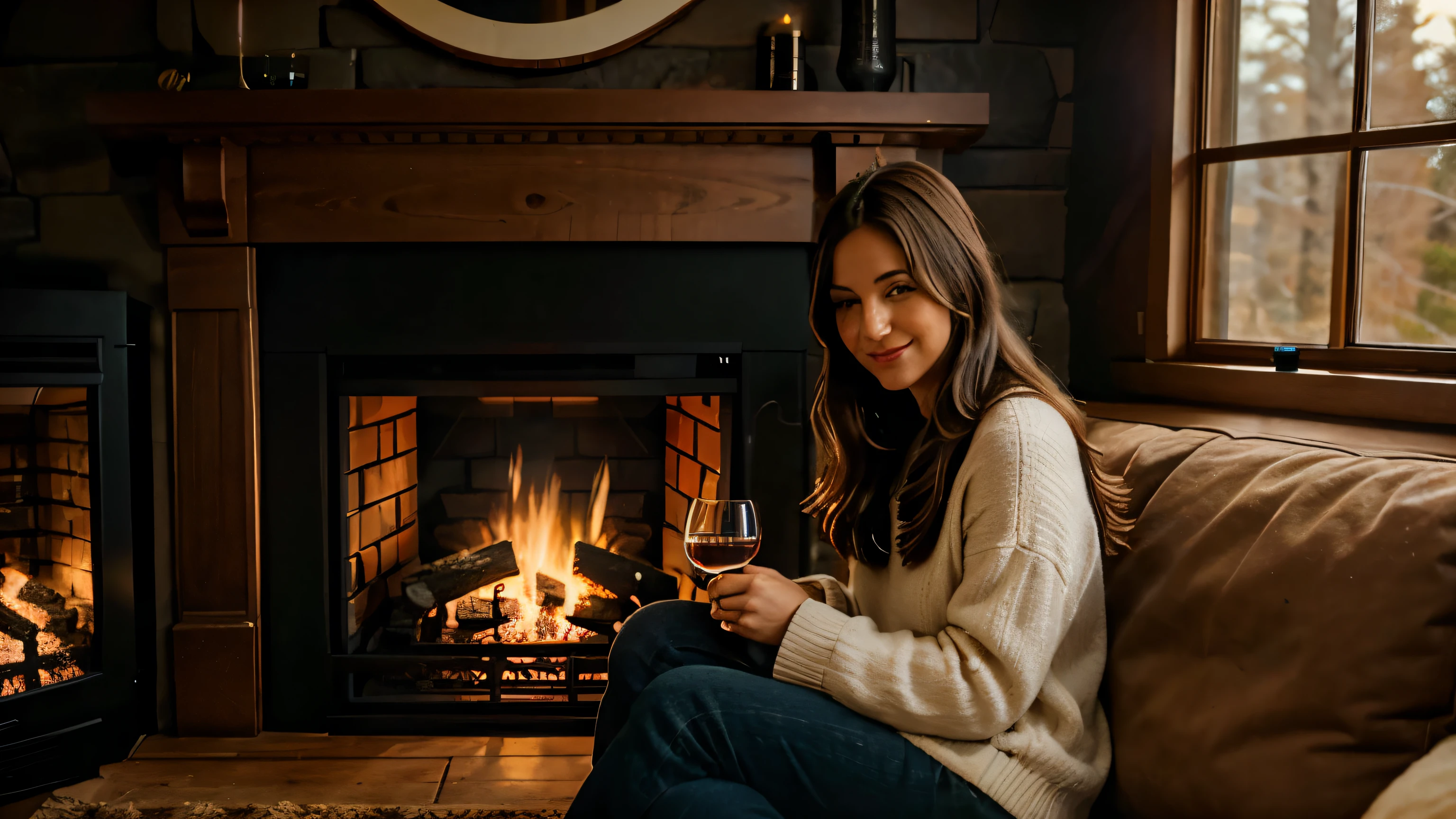 there is a living room with fireplace and sofa, cozy fireplace, cozy interior, cozy living room, cozy fireplace, cozy interiors, detailed rendering, rural living room, fireplace, modern rustic, designed for a cozy aesthetic! , very detailed rendering, high quality rendering, cozy living room interior, fully detailed rendering, cozy atmosphere, very realistic rendering, realistic rendering, there is a person sitting on a sofa in front of a fireplace, cozy atmosphere, in front of a fireplace, cozy atmosphere, cozy fireplace, fun, cozy atmosphere, cozy atmosphere, cozy atmosphere, warm fireplace, cozy and peaceful atmosphere, having fun, cozy vibes, cozy place, warm interior, winter atmosphere, cozy atmosphere, woman sitting in a chair facing with a glass of wine in front of the fireplace, in front of a fireplace, enjoying a glass of wine, cozy atmosphere, cozy fireplace, pouring a glass of wine, holding a glass of wine, Holding a glass of red wine , drinking wine , she holds a glass of wine, with a bottle of wine, relax!, relaxing atmosphere, cozy fireplace, window raining outside through the window.