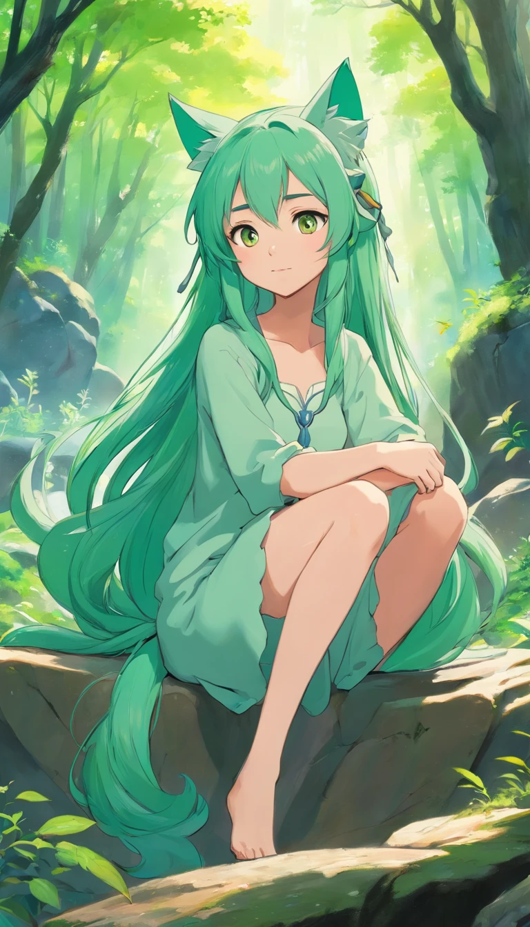 a woman with long green hair sitting on a rock in the woods, trending on artstation pixiv, goddess of the forest, fey queen of the summer forest, forest soul, guweiz on pixiv artstation, queen of the forest, guweiz on artstation pixiv, from arknights, fantasy art style, beautiful fantasy anime, beautiful anime catgirl