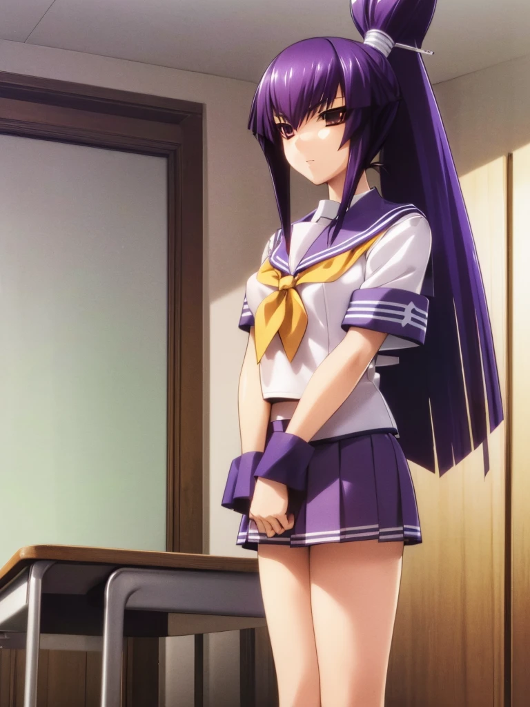 nsfw , Koubuin Yuuhi, , (((highres official art))) , (((1girl))) , (((solo))) , (((school uniform))) , (((mini skirt))) , blue hair , purple hair , high ponytail , standing ,classroom , (((cowboy shot)))