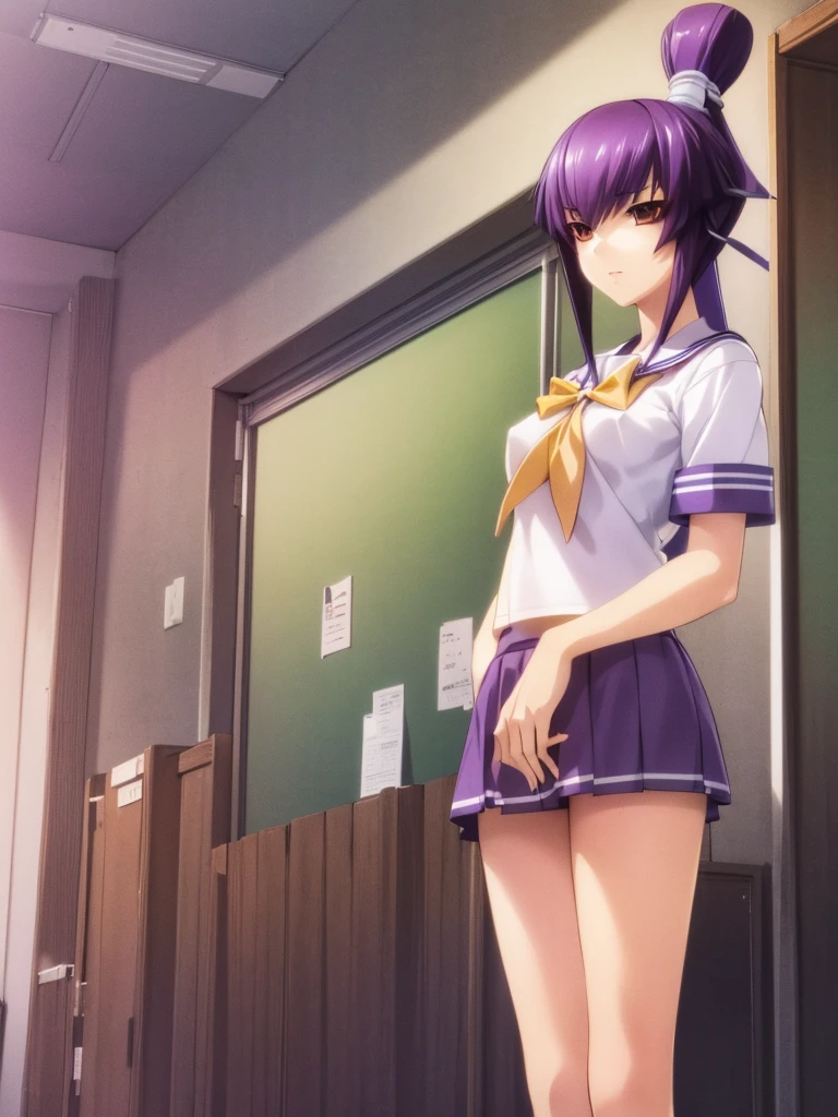 nsfw , Koubuin Yuuhi, , (((highres official art))) , (((1girl))) , (((solo))) , (((school uniform))) , (((mini skirt))) , blue hair , purple hair , high ponytail , standing ,classroom , (((cowboy shot)))