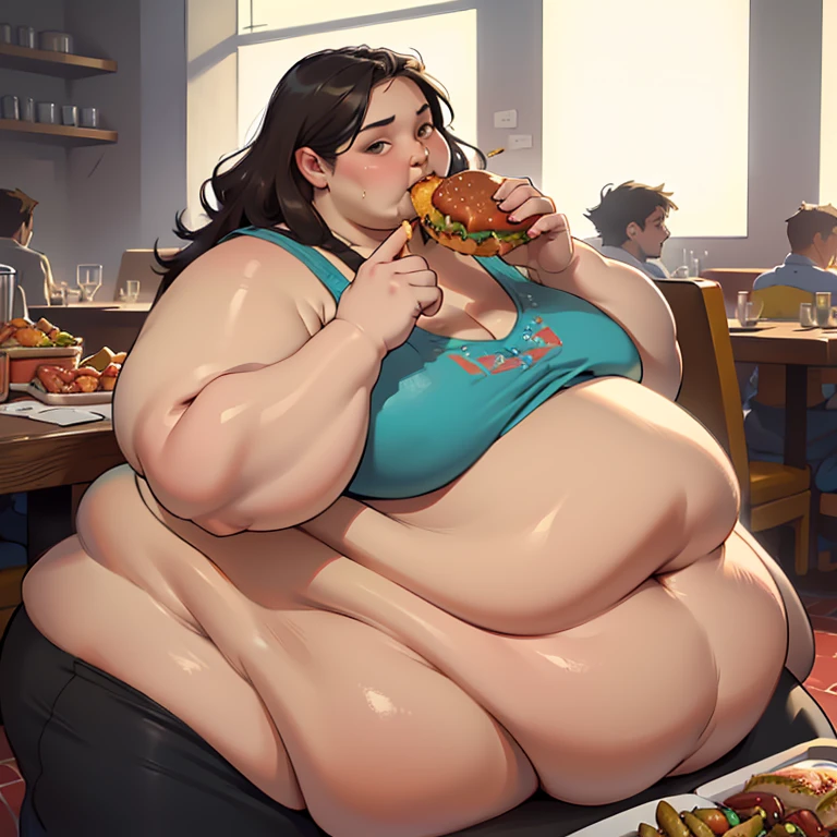 (masterpiece, best quality, highres, detailed, realistic:1.2), young woman, USSBBW, (morbidly obese:1.3), (fatblob:1.3), immobile, detailed face, beautiful face, high aesthetic, (eating junk food:1.2), restaurant, messy, slob