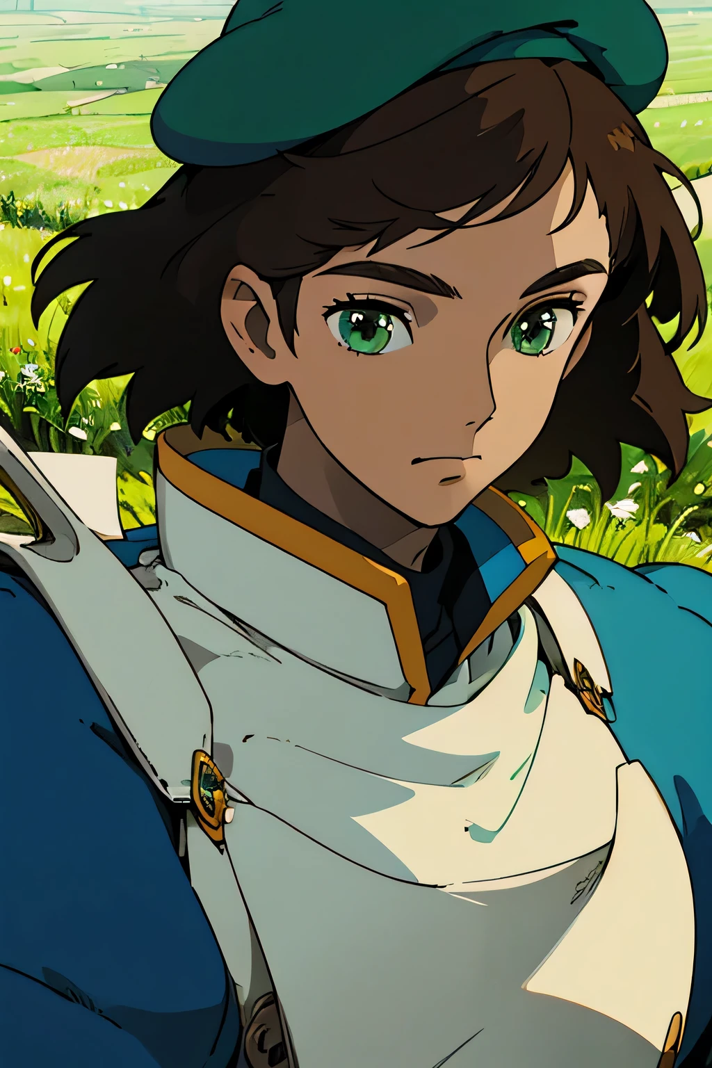male, knight, beret, brown skin, aqua green eyes, brown hair, teen, close up face shot, fields background