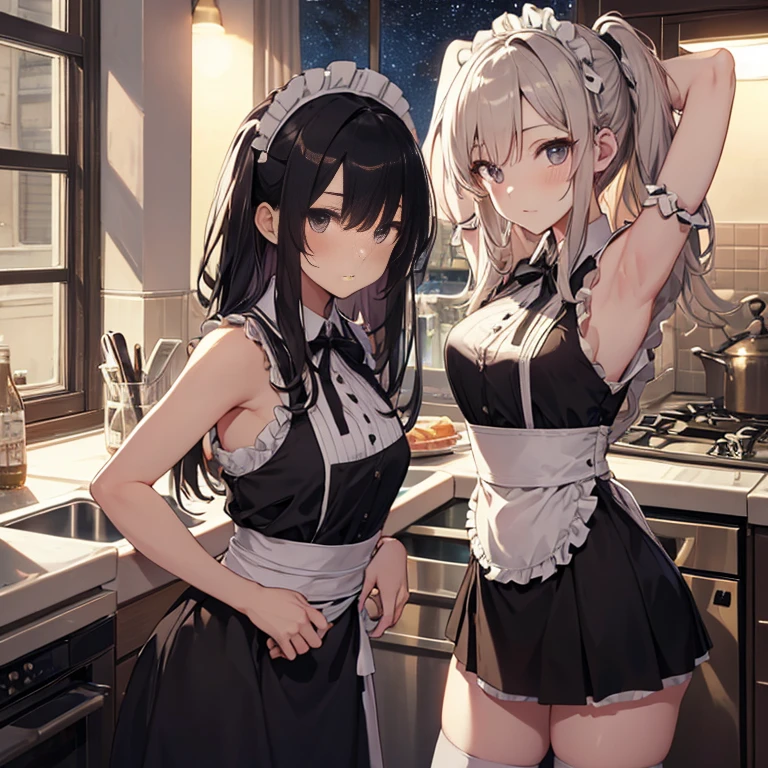 A group of maids, (in kitchen), various hair styles, harem, wearing maid uniform, night, details face, , short skirt, seducing, sleeveless , night, starry night, armpits