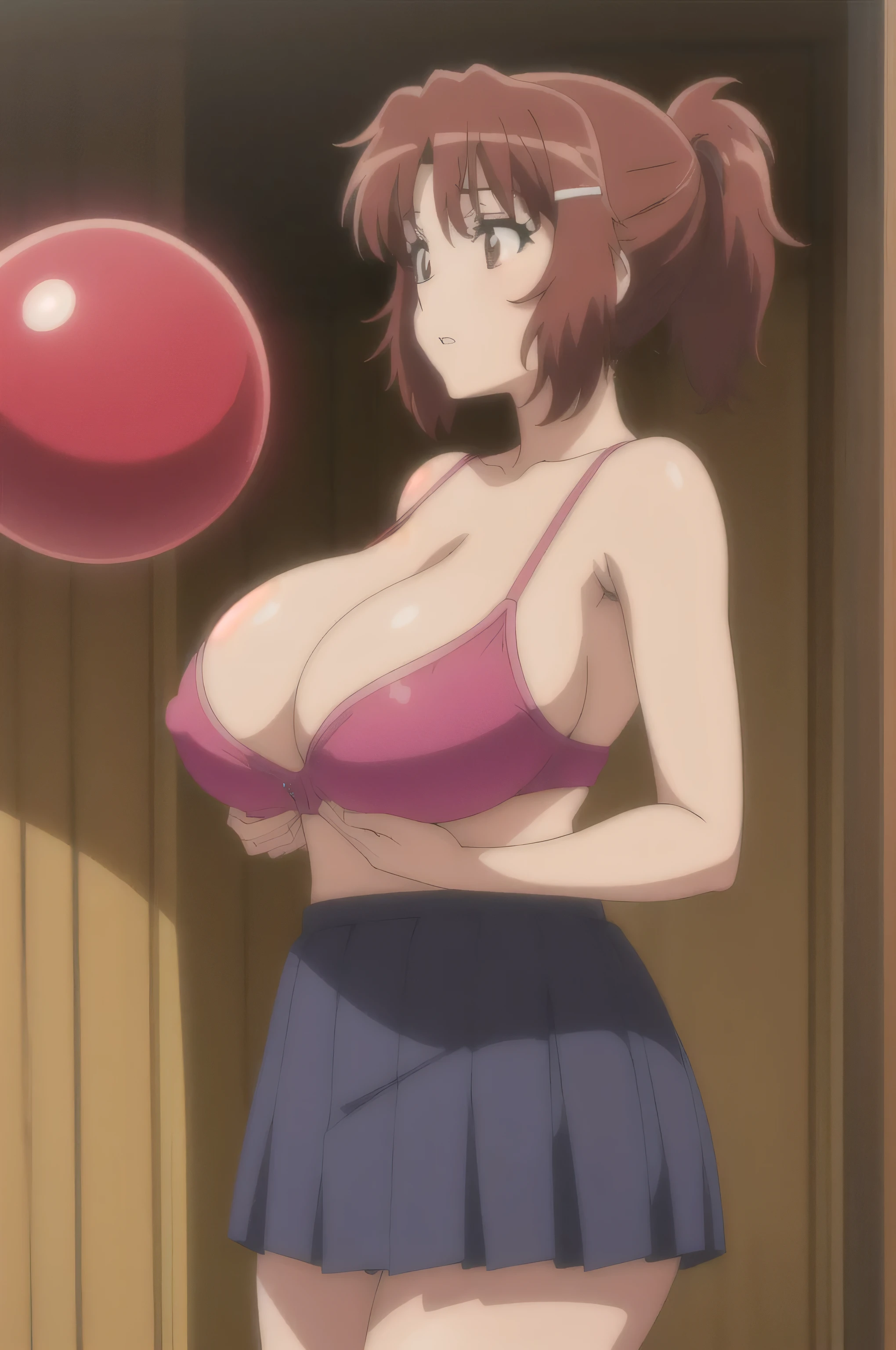 (Anime one, retro art style, Clean brush strokes, very detailed, perfect anatomy, NSFW), woman, (short ponytail, side ponytail, Red ball hair clip), Brown hair, brown eyes, (huge breasts:1.3), pink bra, pink panties, (navy blue skirt, Half-shed), watch, shooting field, 