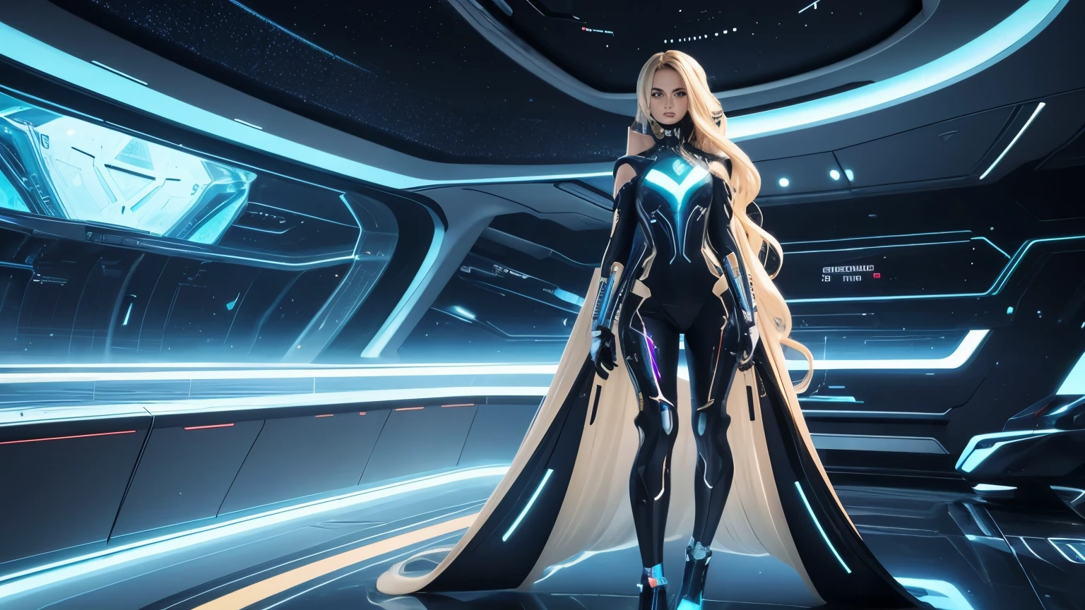 A full-length modern and elegant woman without clothes is depicted in this image, exuding a futuristic aura. Her long, wavy blonde hair cascades down her back in a sleek, futuristic hairstyle, perfectly matching her high-tech attire. She wears a form-fitting spacesuit, vibrantly colored and adorned with metallic details, reflecting the advanced technology of the future. Her futuristic accessories, like holographic bracelets and streamlined shoes, complement her tech look. The scenario takes place in a spacious and modern environment, characterized by elegant lines and futuristic architecture. The environment is illuminated by a variety of colors