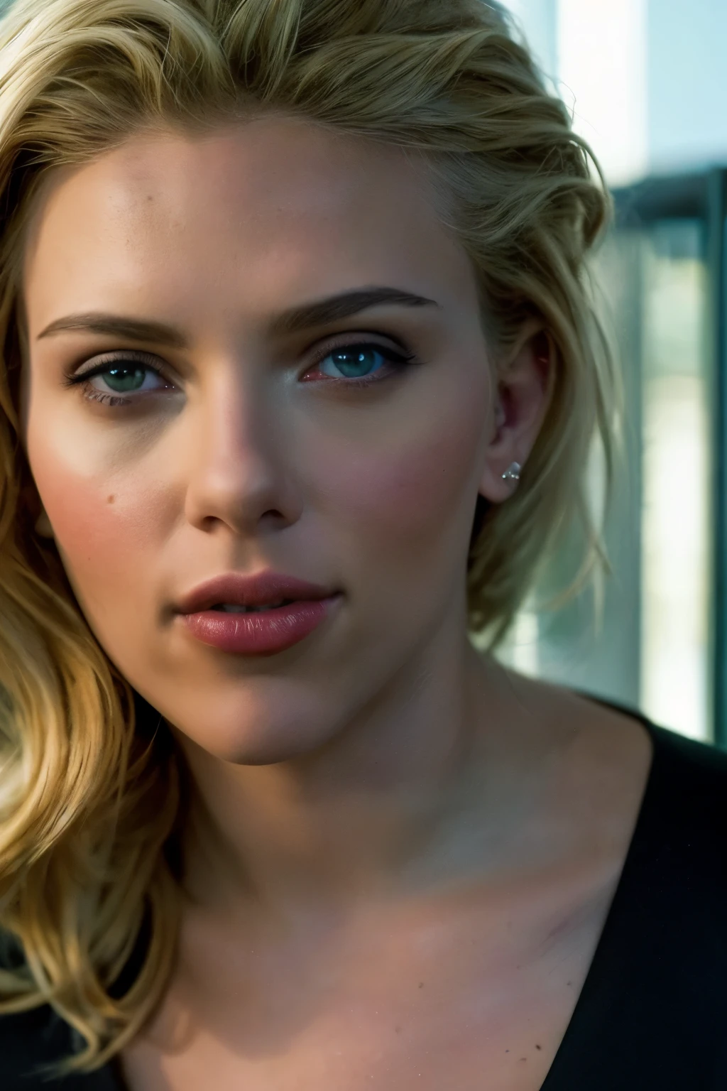 (8K, Photo brute, best quality, high resolution: 1.2), (Realistic, photoRealistic: 1.37), 1fille, scarlet, lips, ((lips separated)), cheveux doux, slight smile, seductive eyes, (haut du corps: 1.3), regarder le spectateur, beauty brand, gros seins. Large neckline (mise au point des yeux, Objectif 135 mm, F/1.8, reflet),