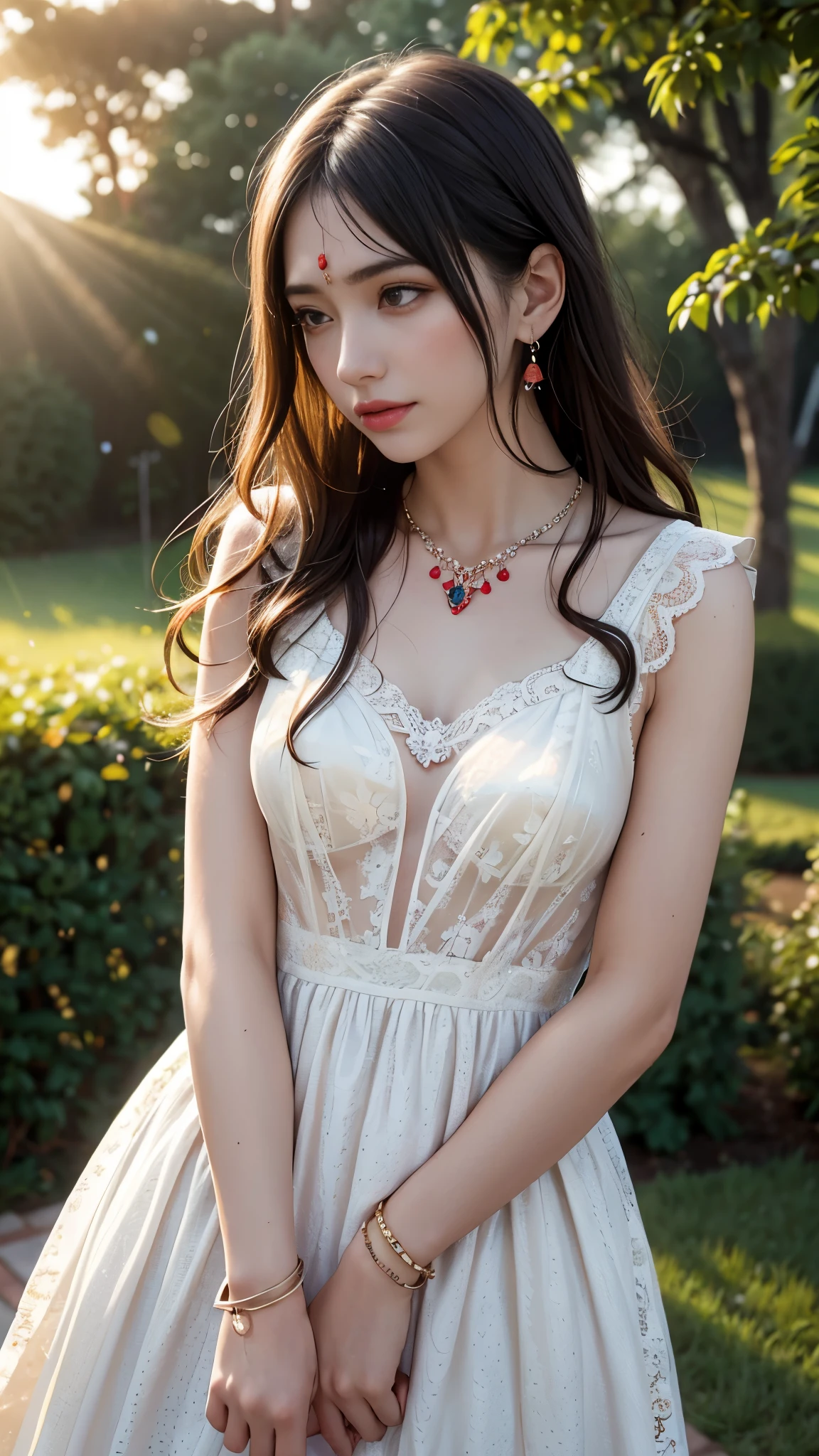 best quality, masterpiece, 1girl, (polka dot dress), red dress, (lace:1.5) hair ornament, necklace, (jewellery:1.8), Beautiful face, small breasts, tyndall effect, photorealistic, rim lighting, two tone lighting, (high detailed skin:1.2), dslr, (spreading light:1.5) soft lighting, high quality, volumetric lighting, candid, in the garden, Photograph, high resolution, 4k, 8k, Bokeh,