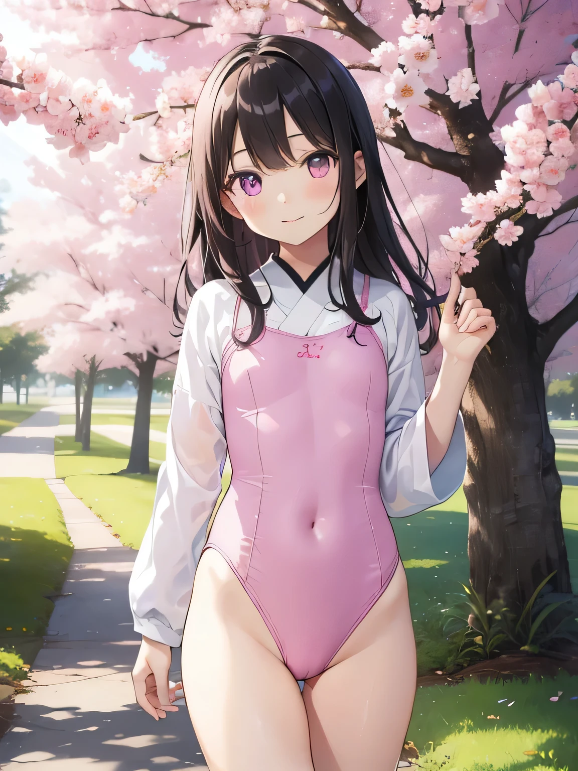 highest quality、Highest image quality、beautiful eyes、very delicate and beautiful、beautiful eyes、pink eyes、Soio、Soio、11 year old girl、Japanese、、Chiquita、Noble、primary school student、black hair、barefoot、(Judo)、(((The lower body is in a pink leotard)))、(High leg)、tiara on head、smile、Standing, facing forward、The background is a row of cherry blossom trees