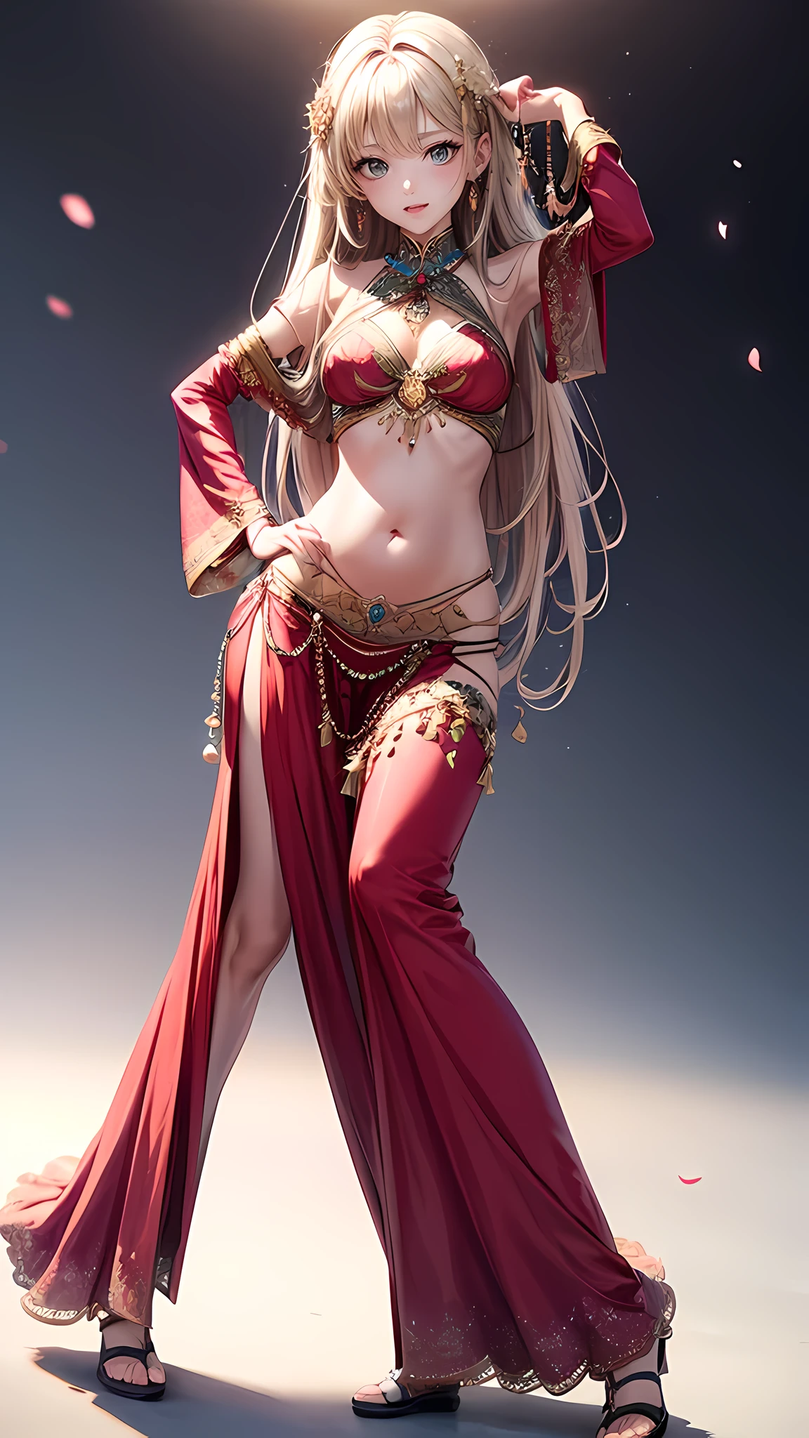 Filming location、Belly dancing in the palace。
realistic、realistic and ultra-detailed finish、Create Highly Detailed CG Unity 8K。
The model is slender and cute.、good style、small nose、 size。There is also a mature atmosphere.。
her characteristics are、、Hairstyle Up Styling、A slightly brighter and softer trendy hair color。
Pay attention to the fine details and the softness of the hair.。
Please use a full body camera angle。
Fashion style is、Wearing a belly dance costume。Dancing with legs raised。high definition eyes