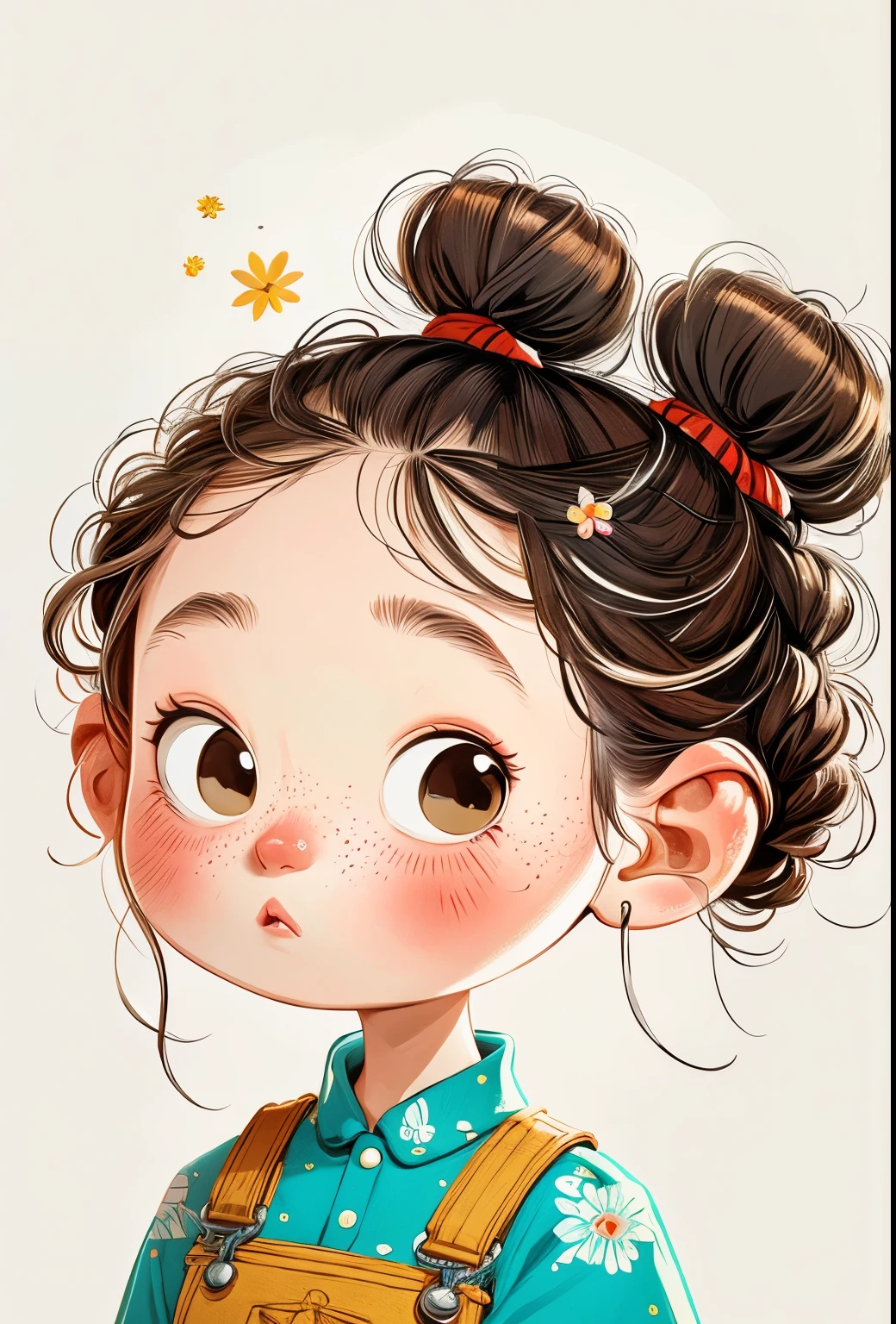 (masterpiece, best quality:1.2), cartoonish character design。1 girl, alone，big eyes，Cute expression，Two hair buns，Floral shirt，Overalls，hand，avatar，portrait，interesting，interesting，clean lines，Human anatomy is correct
