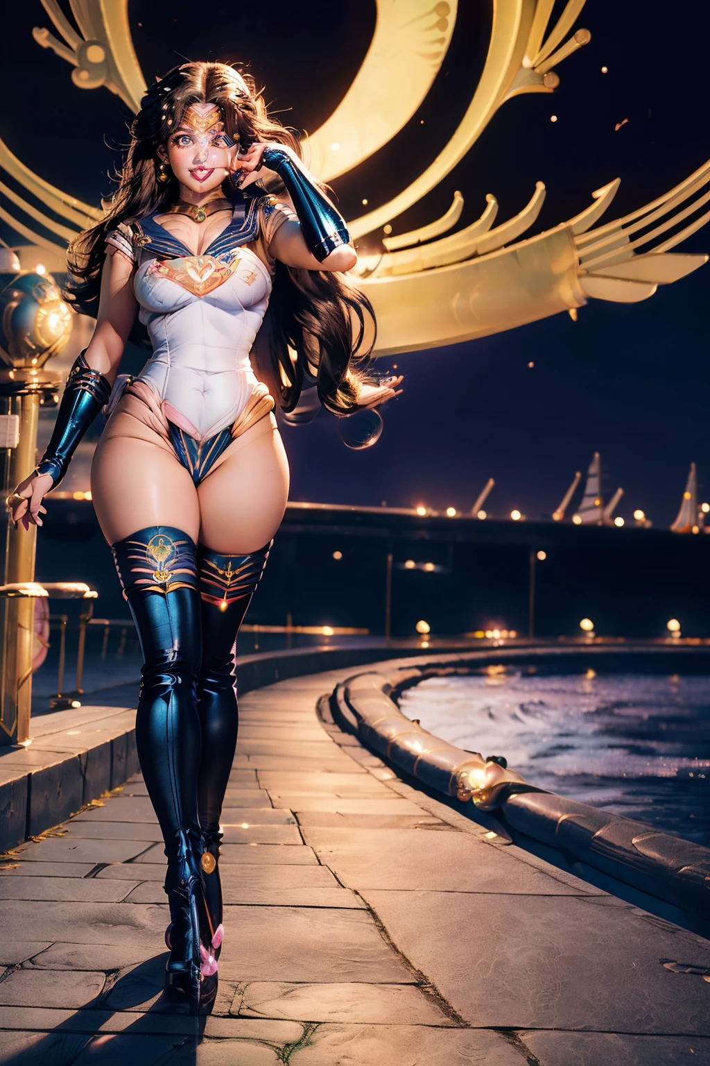(Beautiful: 1.0), (Girl: 1.0), (Long Brown Hair: 1.1), (Blue Eyes: 1.1), (Breast Size: 40DD), (Leather Boots: 1.2), (Perfect Bum: 1.5), (Smiling: 1.3), (Sailor Moon Cosplay Clothing: 1.7), (Charm: 1.4), (Sensual: 1.6), (Sailor Attire: 1.7), (Curvy Cosplay: 1.8), (Delightful: 1.9), (Play