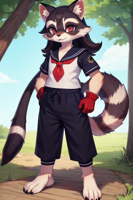 raccoon dog, Furry, beastman, animal hair, tail, sailor suit, short sleeve, Jersey pants, long pants, gloves, barefoot