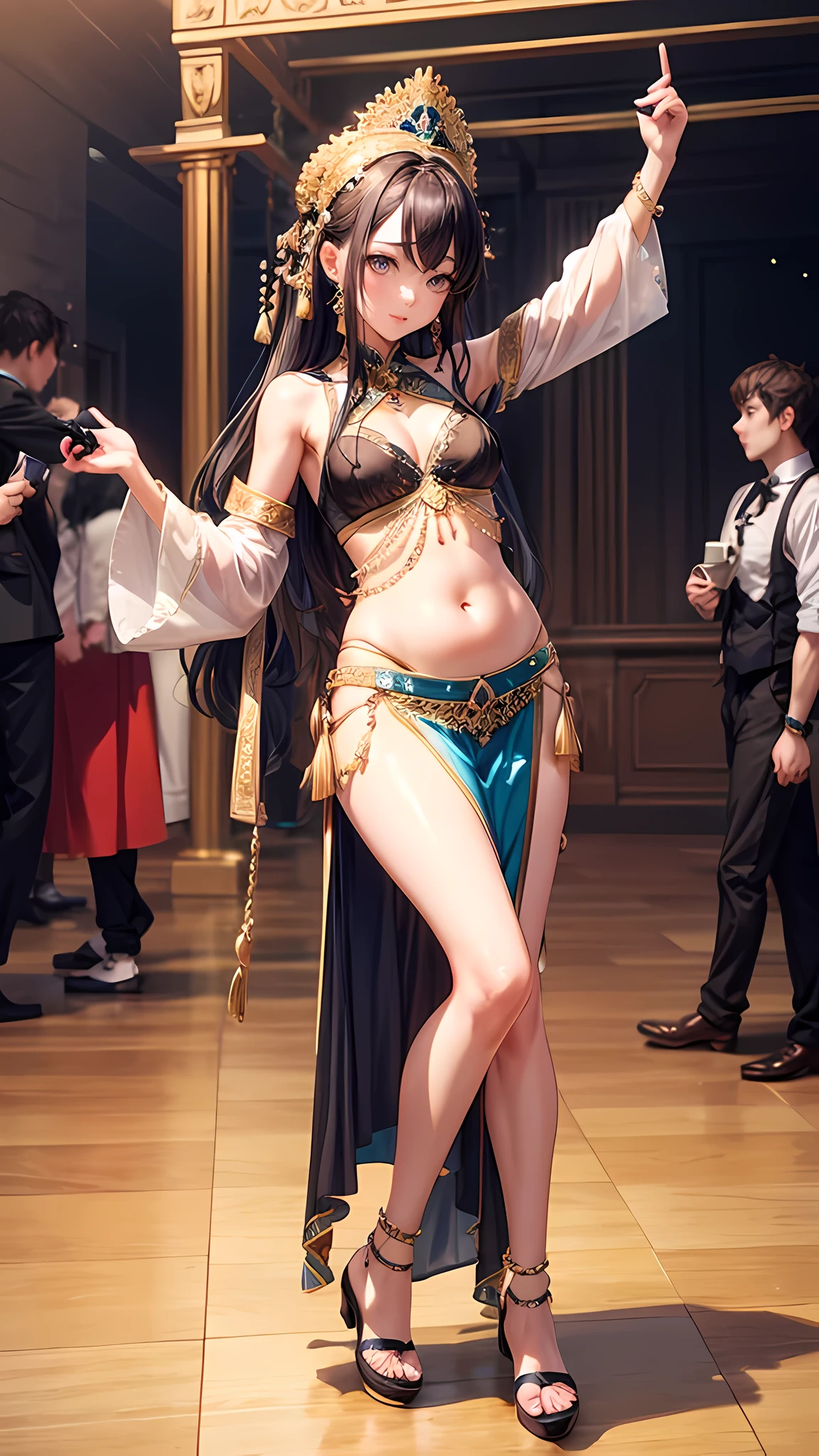 Filming location、Belly dancing in the palace。 
realistic、realistic and ultra-detailed finish、Create Highly Detailed CG Unity 8K。 
The model is slender and cute.、good style、small nose、 size。There is also a mature atmosphere.。 
her characteristics are、、Hairstyle Up Styling、A slightly brighter and softer trendy hair color。 
Pay attention to the fine details and the softness of the hair.。 
Please use a full body camera angle。 
Fashion style is、Wearing a belly dance costume。Dancing with legs raised。high definition eyes
