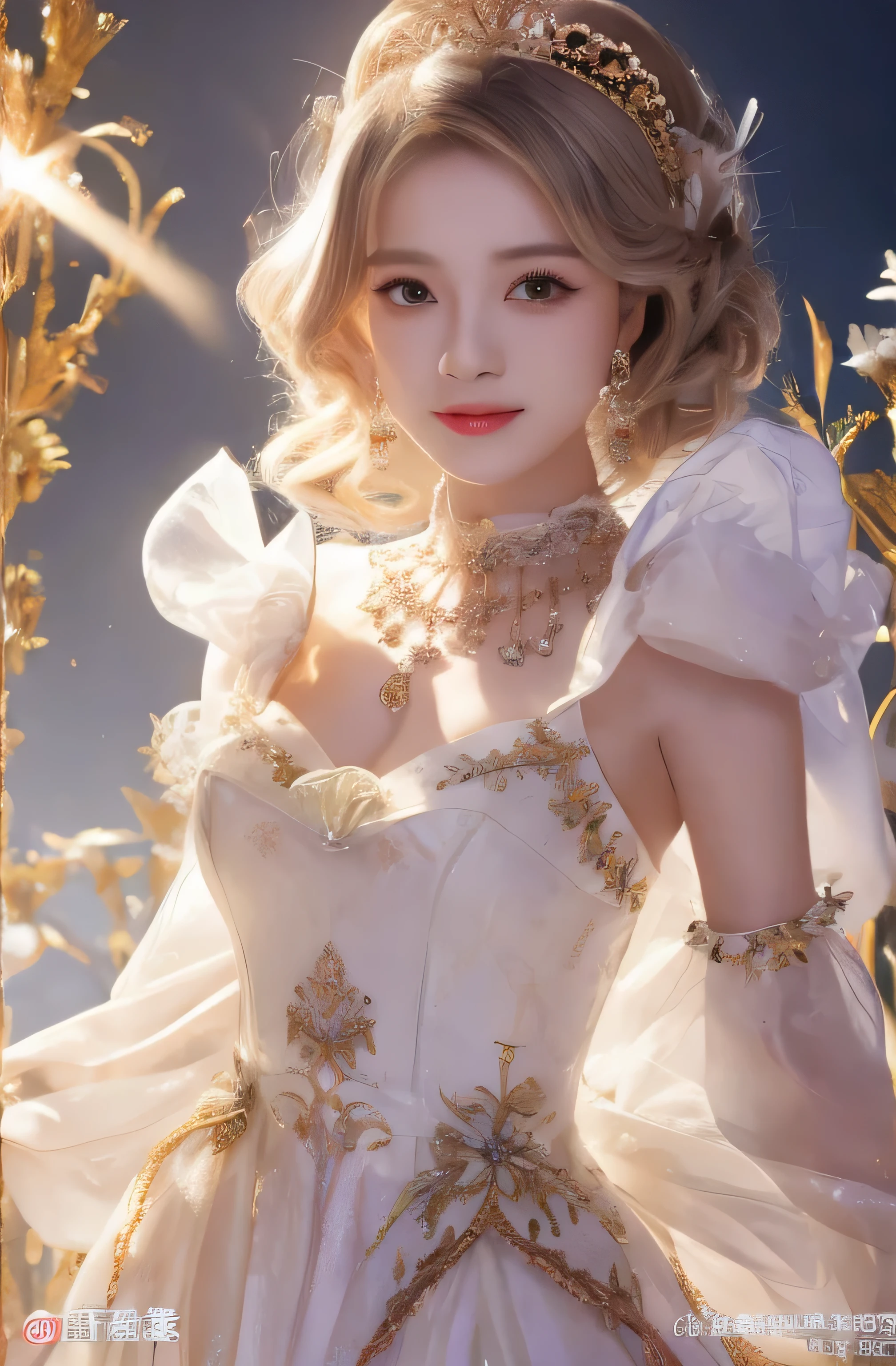 Castle visible in the distance、face is in front、look at the camera、profile、8K、real photos、ultra high resolution, master parts, highest quality, ticker , cinematic images,nice girl、Ann、16 only、Ann Gross-Saxon、double eyelid、droopy eyes、very big eyes、eyes are purple、dark eyeshadow、lips are very thin、The tip of your nose grows beautifully..................、small nose,,,,, very detailed , silver hair、straight short hair、smile、 sweet expression 、very beautiful woman、long legs、 ）、very clear shadows , jewelry , fine eyes, extremely difficult, shiny skin , Perfect Brilliant Ann, perfect sentence, dramatic shadow、white tiara on head、Gold necklace around the neck、White aristocratic dress with gold embroidery、glass high heels、White Wings of an Angel