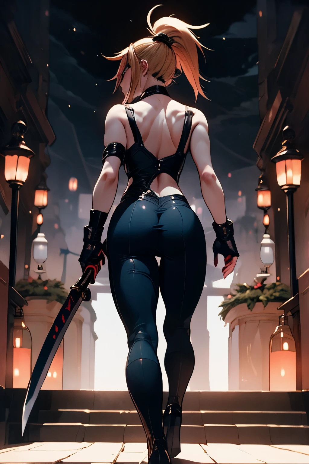 (best quality, highres:1.2, ultra-detailed), woman, walking in the night city streets, catwalking, elegant walking, ultra-long hair, extremely detailed face, enhanced lips, enhanced eyelashes, sharp eyes, glowing eyes, lri, simple Kunoichi suit, legs, holding down a katana, simple smile, expressive, dark suit Kitana's outfit from MKII, night cityscapes, ultra-detailed city, full body shot, prepotent and confident walk, fingerless gloves, studio lighting, 1 person, erect walk, back view, walking towards the streets, plate katana