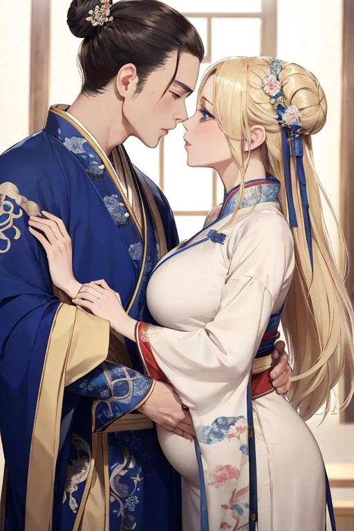 ((highest quality)), ((masterpiece)), (be familiar with), ((perfect face、female、Enchanted body、blonde、blue eyes、Hanfu、Bun head、wife、blonde、pregnancy、pregnant woman))((male、middle aged、black hair、China人、Hanfu、husband))China、Hanfu、marriage、marriage式、bride、Luxurious clothes、hug each other、Red clothes、kiss