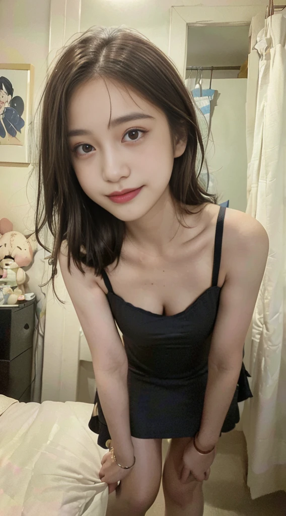 ((Best picture quality, 8K, tmasterpiece: 1.3)), self-shot, Sharp focus: 1.2, A cute beauty with a perfect figure: 1.4, Slim, ((Brown hair black)) , (Small flesh-colored dress，Highly detailed face，Happy expression，standing on your feet：1.2），（（The city of blue skies，simple bedrooms：1.3. Produced with a major focus on women）），Highly detailed facial and skin texture，Detailed eyes，double eyelid,full body