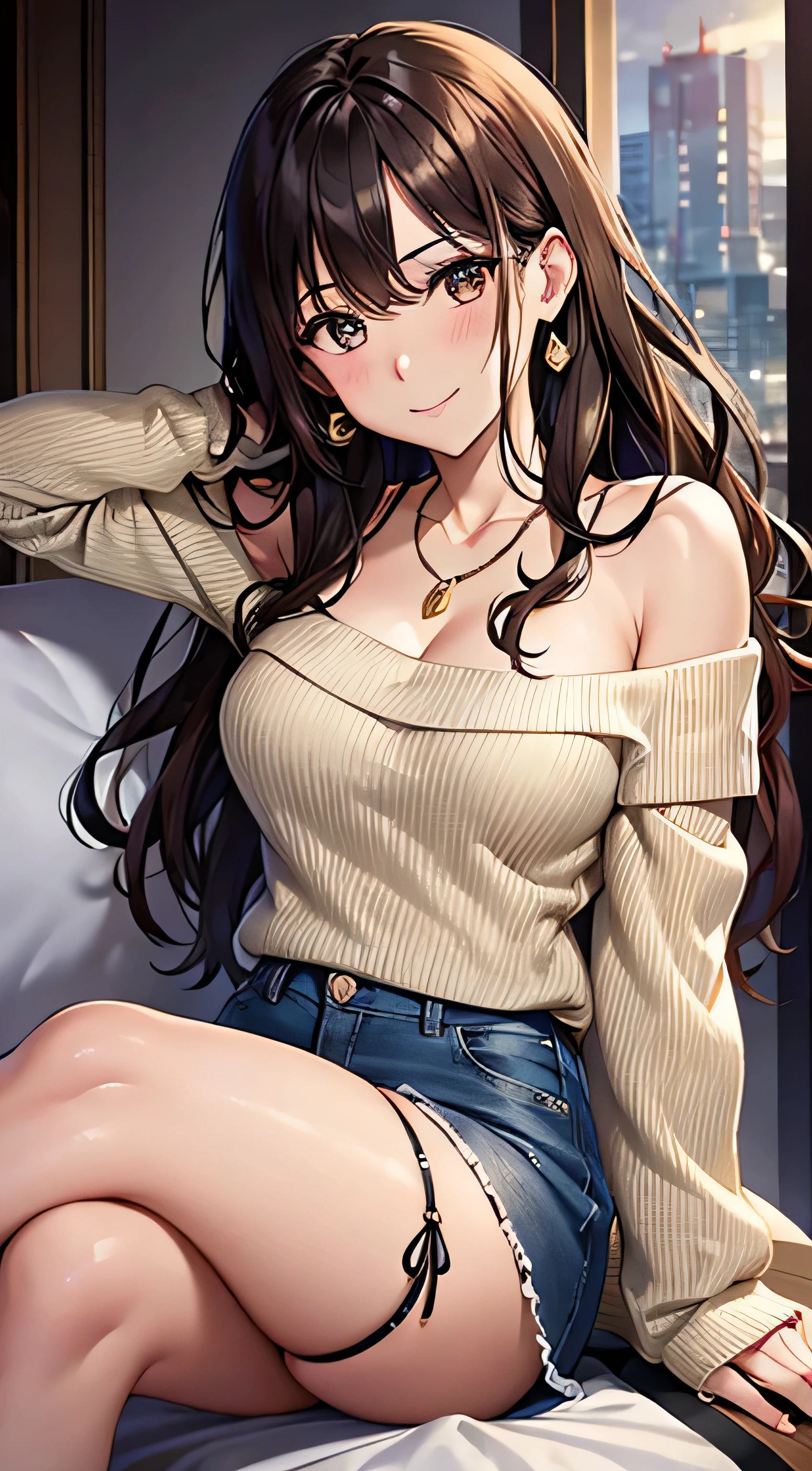 (table top, highest quality, High resolution, , perfect pixel, 4k,), 1 girl, single, alone, Beautiful woman、I could see the whole body、 ((wavy middle hair, bangs, brown hair)), ((brown eyes, beautiful eyelashes, realistic eyes)), ((detailed face, blush:1.2)), ((smooth texture:0.75, realistic texture:0.65, realistic:1.1, Anime CG style)), medium breasts, dynamic angle, perfect body, ((, beige off shoulder sweater、tight denim skirt、black stockings、cute necklace、earrings、)), upper grade、shy smile、university campus、Slouching on the stairs、Pose covering the buttocks with both hands、look back、Gravure Idol Sexy Pose、、Bring your arms together to emphasize your chest、、pink lace panties are visible、