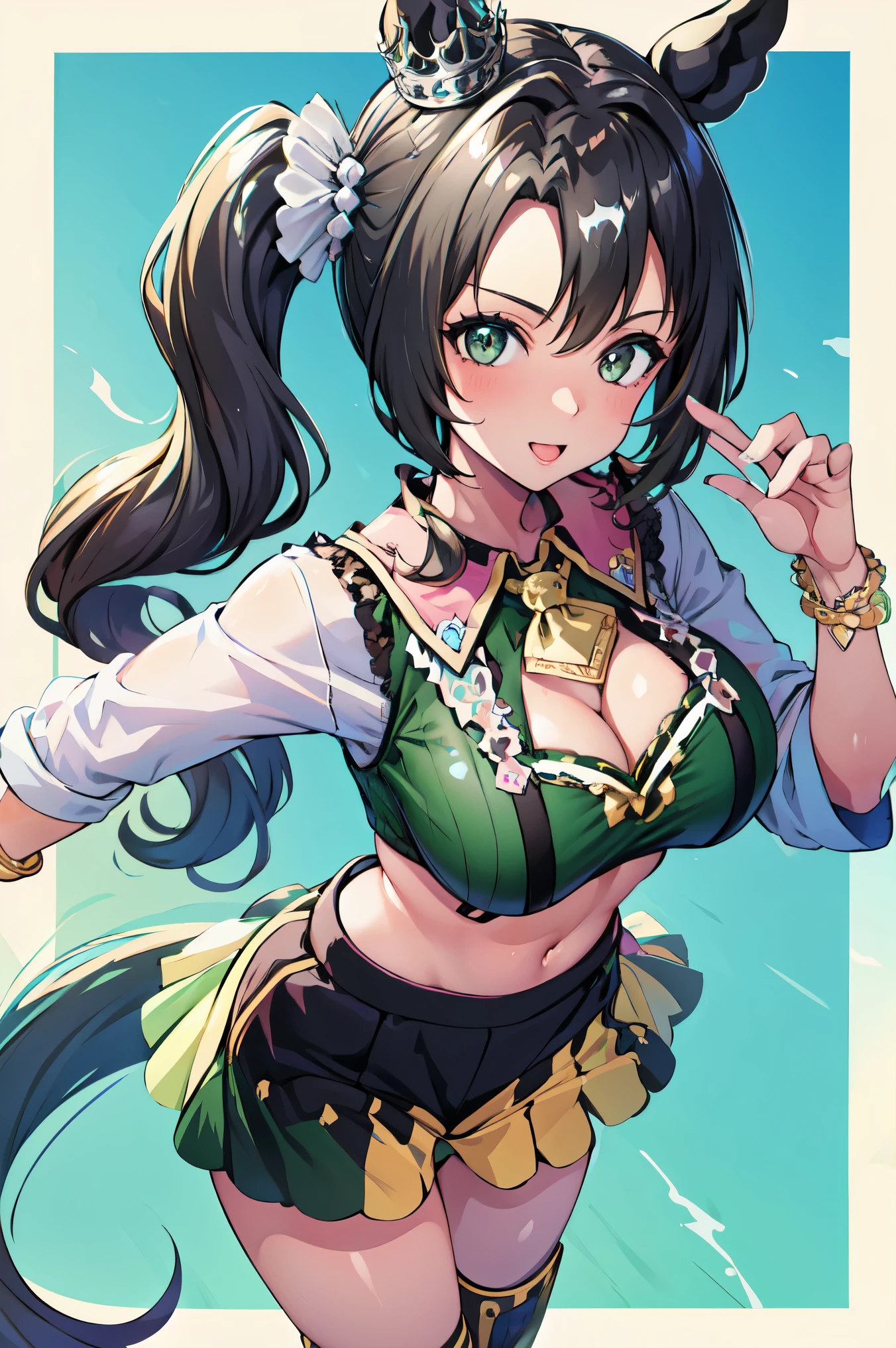 masterpiece, best quality, 1girl, solo, breasts, cleavage, satonocrown, (side ponytail), (horse girl, horse ears), horse tail, looking at viewer, sweat, large breasts, tied shirt, collared shirt, pleated skirt, flashy gyaru, happy, showy,too many accessories, colorful , kogal, kogal gyaru, bra peek, leopard print,