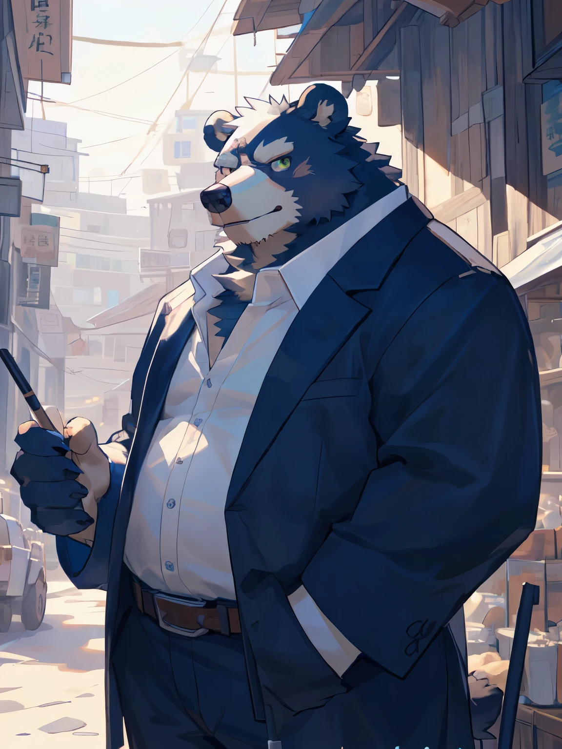 deobaed anatomy, Humanity，((Dark blue and white bear| Dark blue white | green eyes)),(close-up),(cowboy shot),jitome,,完美of红眼睛,glaring,中年of,male,of,In the black market,night,(holding crutches in hand),Kanno,危险of微笑,(Fat and muscular),胖of,身材健硕of,((No ornaments，解开扣子of西装)),(super detailed),锐利of焦点,Black Market Boss,smirk,tailed eyes，bear tail ，best quality,by bebebebebe, by zackary911