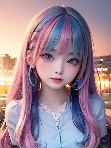 small face、 (alone:1.5,)Super detailed,bright colors, very beautiful detailed anime face and eyes, look straight,  shiny_skin,girl, (((rainbow colored hair, colorful hair, Half blue、half pink hair: 1.2))), 、shiny hair, delicate beautiful face, blush、Glasses、(turquoise eyes), , Valletta, earrings,、flower garden、sunset、(（(Stylish lace mini skirt,Translucent shirt)))、（twin tails）、smile、happy face、face dyed red、cheerful pose、dynamic、Head to toe full body portrait、（I can see the whole body）