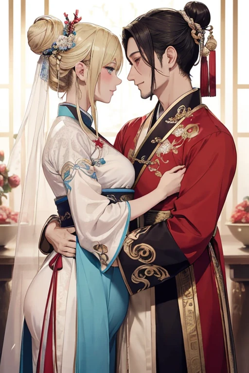 ((highest quality)), ((masterpiece)), (be familiar with), ((perfect face、female、Enchanted body、blonde、blue eyes、Hanfu、Bun head、luxurious ornaments、wife、blonde、pregnancy、pregnant woman))((male、middle aged、black hair、China人、Hanfu、husband、成金middle aged、fancy clothes))China、Hanfu、marriage、marriage式、bride、Luxurious clothes、hug each other、Red clothes、kiss