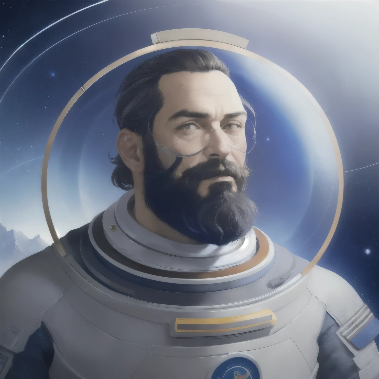 (a portrait of a man:1.1), astronaut, beard, Observe the Earth in space, background space, amazing, Very detailed, number, art station, Smooth, hard focus, illustration, Artwork by Greg Rutkowski and Alphonse Mucha