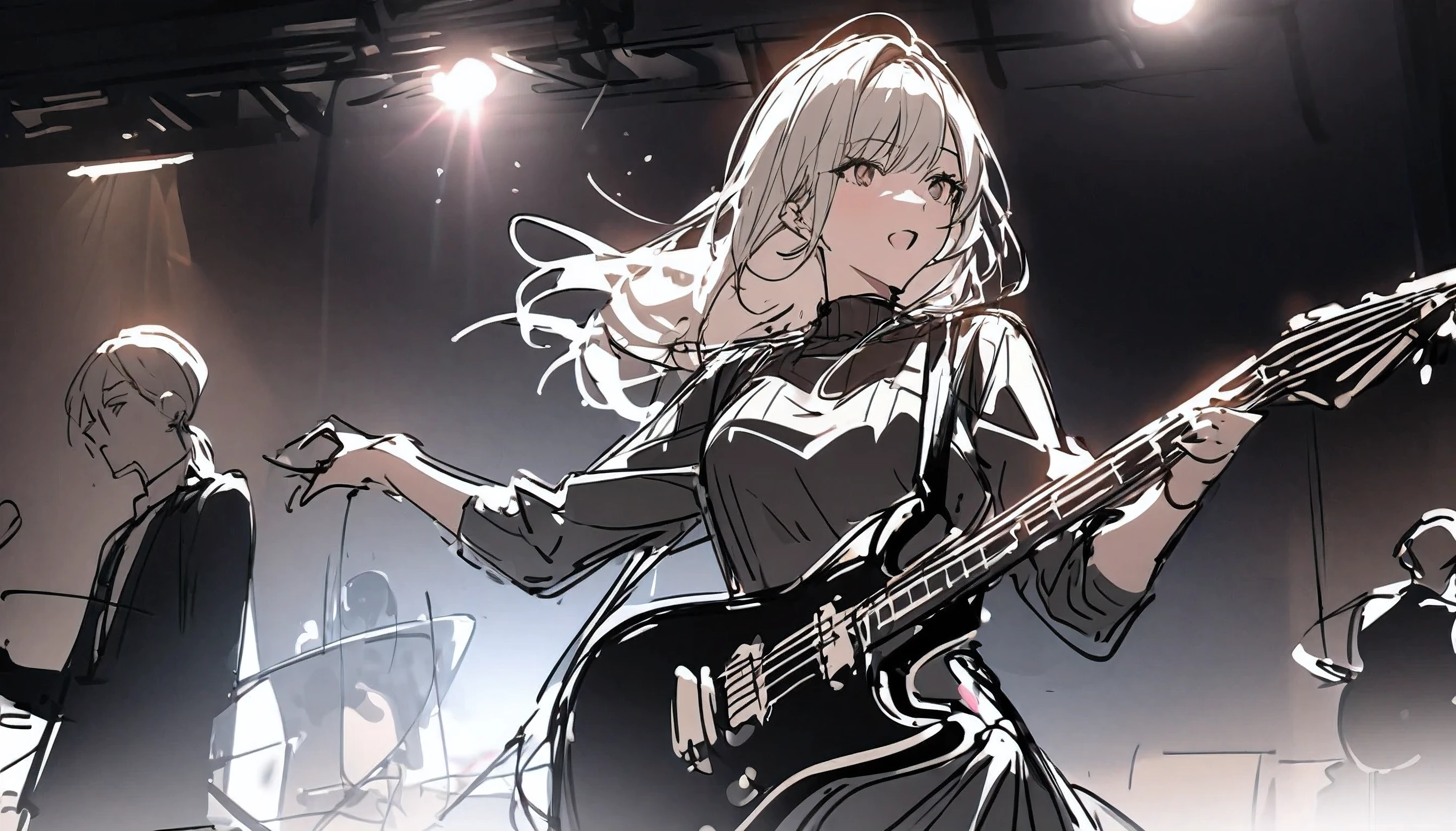 rough sketch、sophisticated touch、Beautiful woman playing an electric guitar,They are having fun performing on stage, Sketch, Fresh, artistic ,
