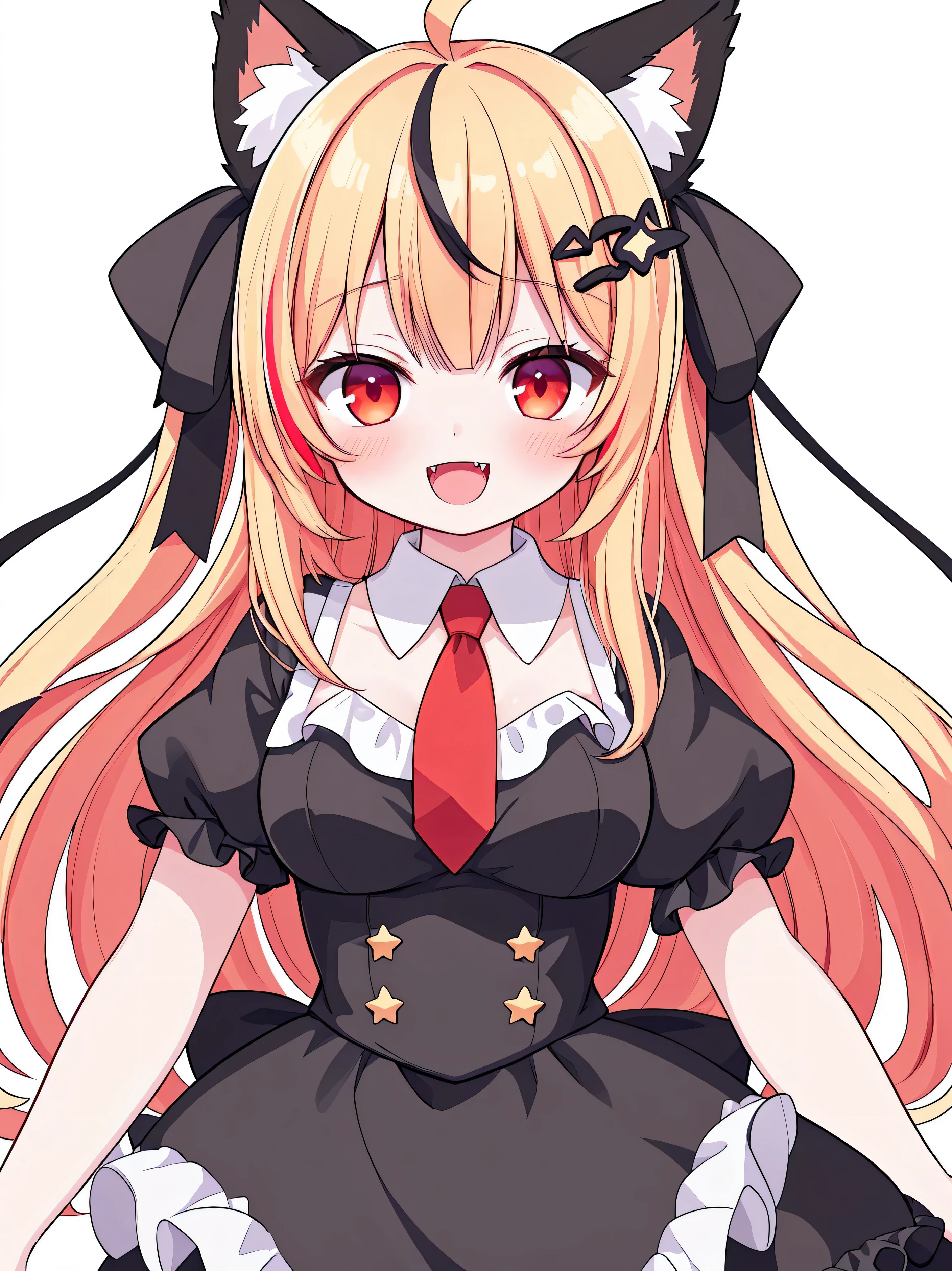 masterpiece, top quality, super detailed, CG illustration, high resolution, better lighting, best shadows, very delicate and beautiful, proper shading, hd, 8k,1girl, solo, long hair, breasts, looking at viewer, blush, smile, open mouth, bangs, blonde hair, simple background, hair ornament, red eyes, white background, dress, ribbon, animal ears, medium breasts, hair ribbon, ahoge, short sleeves, :d, multicolored hair, necktie, puffy sleeves, star (symbol), black dress, puffy short sleeves, streaked hair, animal ear fluff, black ribbon, black bow, fangs, red necktie, star hair ornament