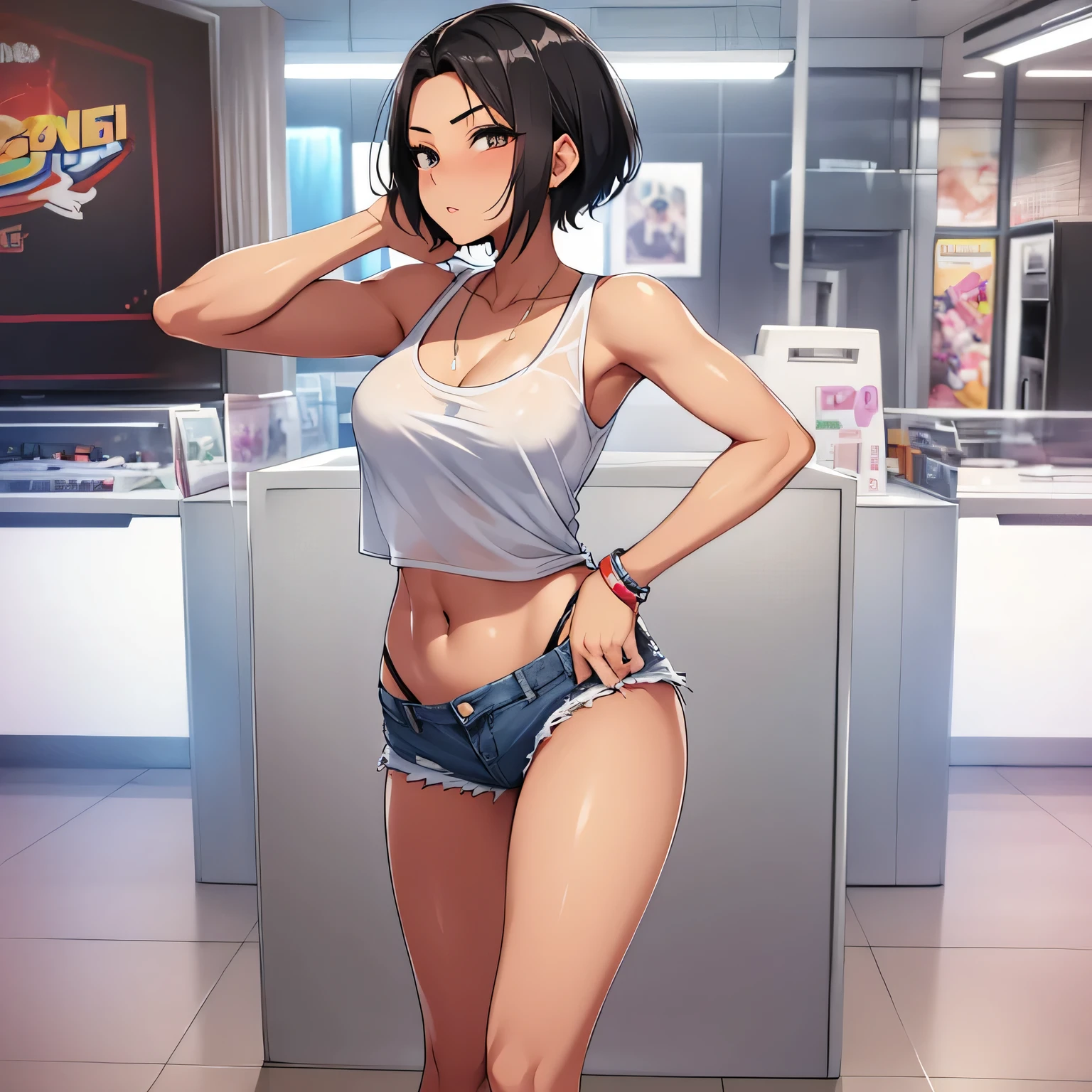 20 year old female, blackhair, tall, Face in love, White tank top, denim shorts, belly button visible, sexy pose, full body view, Super high quality, masterpiece, Super fine, 8k, Only one person in the room, beautiful girl anime face, Crotch emphasis, short hair, an inviting gesture, Milk see-through