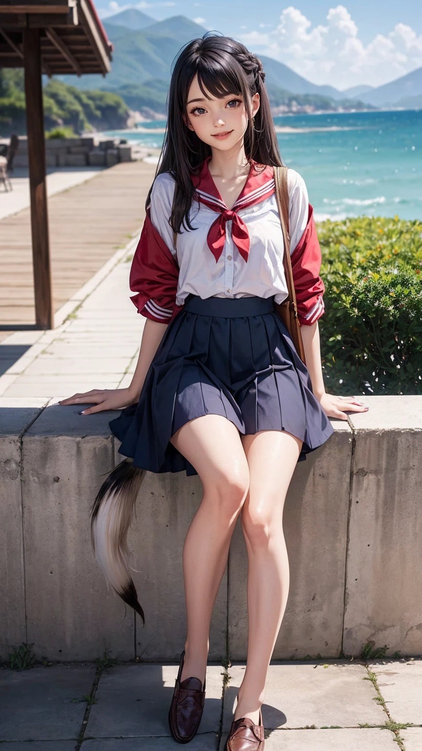 (最high quality, 8K, masterpiece: 1.3, Ultra HD, high quality, 最high quality, High resolution, realism)) 、25 year old white woman、brunette、blue eyes、long hair、smile、slender、slenderだがアスリートのような細マッチョ、I don't want my head to disappear from the screen.、Wear accessories on your wrist、Wearing red nail polish、I have a peticure、Wear a summer sailor uniform、wear loafers、have a student bag、inner color((colored inner hair))、long hair ((long hair))、Undercut Hair((undercut)、Triple tail((tri tails))、Climb onto a four-metre seawall on the coastline、sit down、smile((smile))