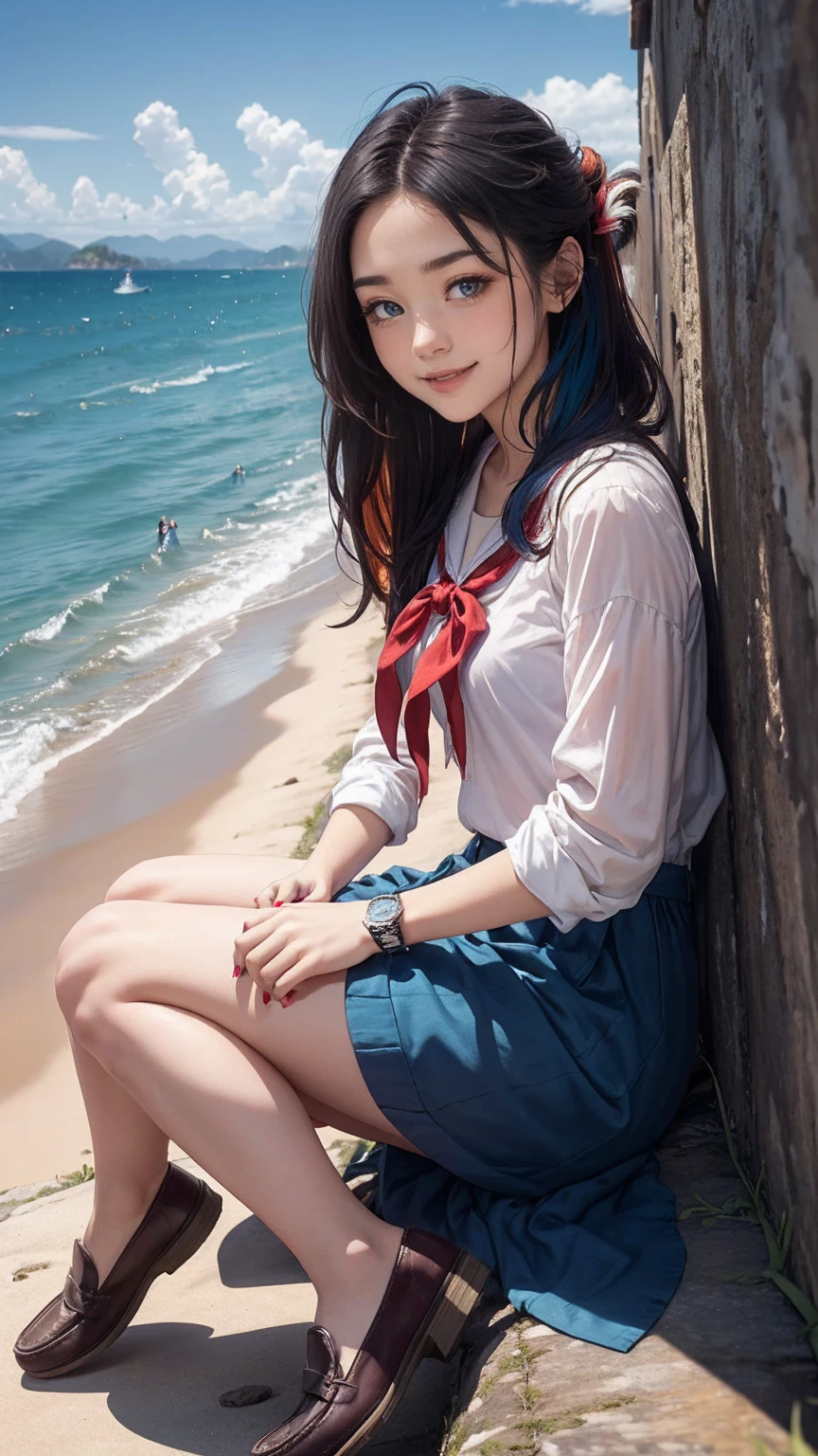 (最high quality, 8K, masterpiece: 1.3, Ultra HD, high quality, 最high quality, High resolution, realism)) 、25 year old white woman、brunette、blue eyes、long hair、smile、slender、slenderだがアスリートのような細マッチョ、I don&#39;t want my head to disappear from the screen.、Wear accessories on your wrist、Wearing red nail polish、I have a peticure、Wear a summer sailor uniform、wear loafers、have a student bag、inner color((colored inner hair))、long hair ((long hair))、Undercut Hair((undercut)、Triple tail((tri tails))、Climb onto a four-metre seawall on the coastline、sit down、smile((smile))