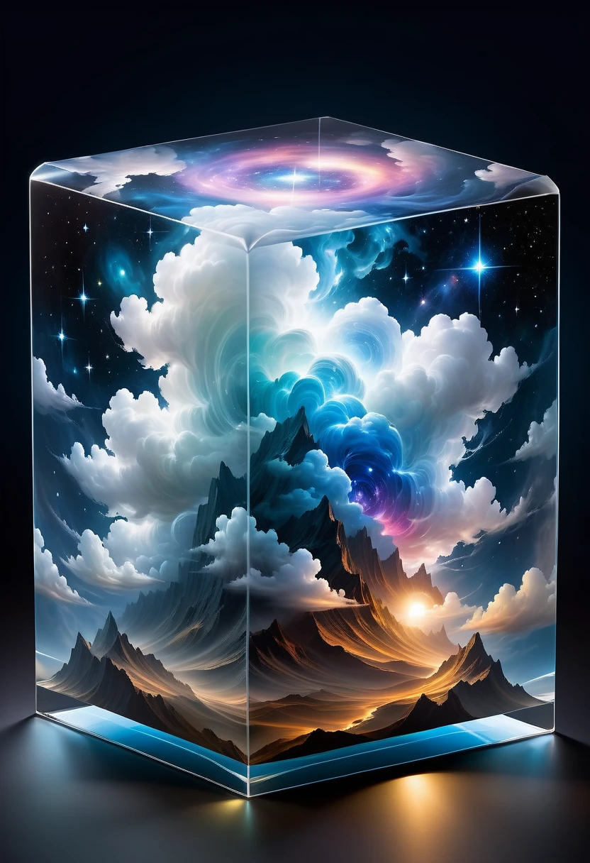 Bosch style, Translucent cube captures eerie clouds, the Starscape warps, Time warp, Surrealism prevails, Star, luminescent, Glittering