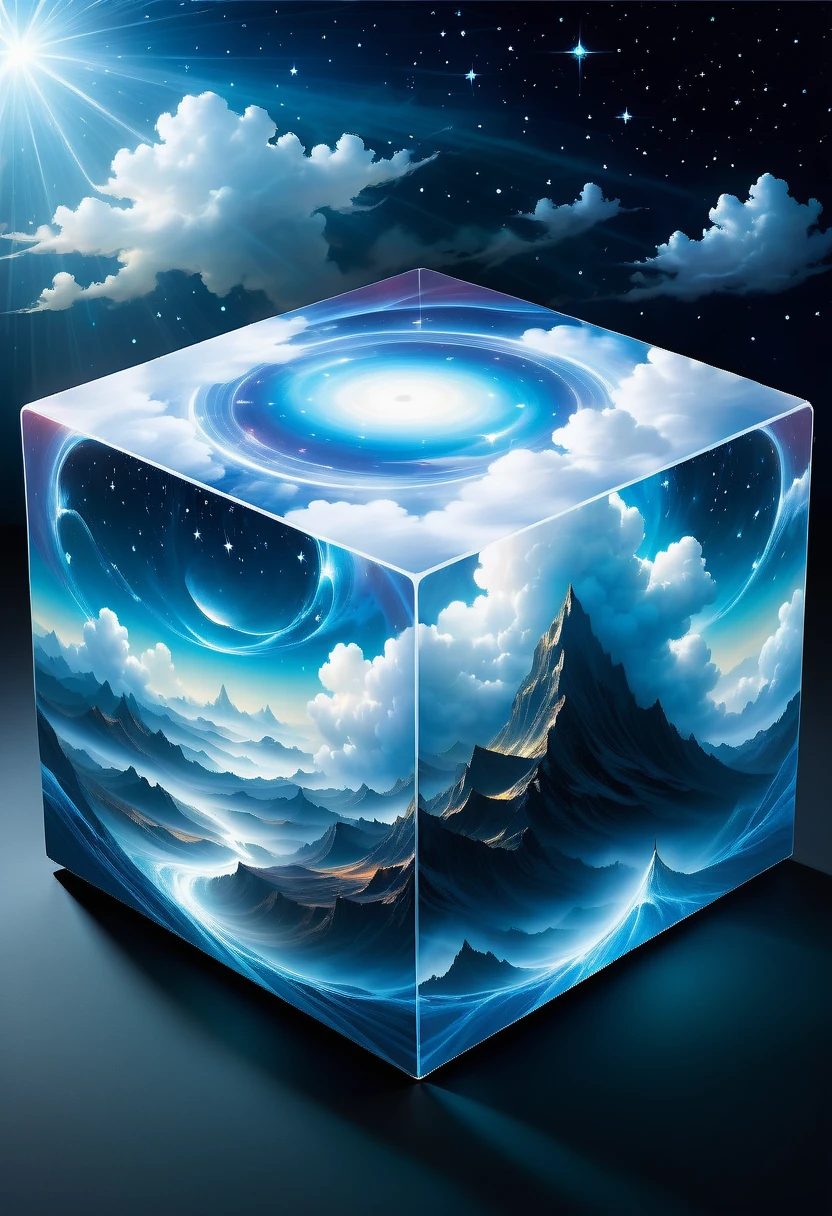 Bosch style, Translucent cube captures eerie clouds, the Starscape warps, Time warp, Surrealism prevails, Star, luminescent, Glittering