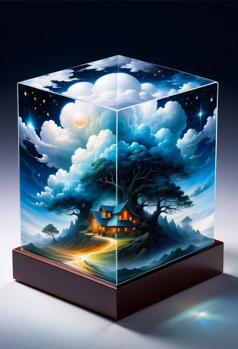 Bosch style, Translucent cube captures eerie clouds, the Starscape warps, Time warp, Surrealism prevails, Star, luminescent, Glittering