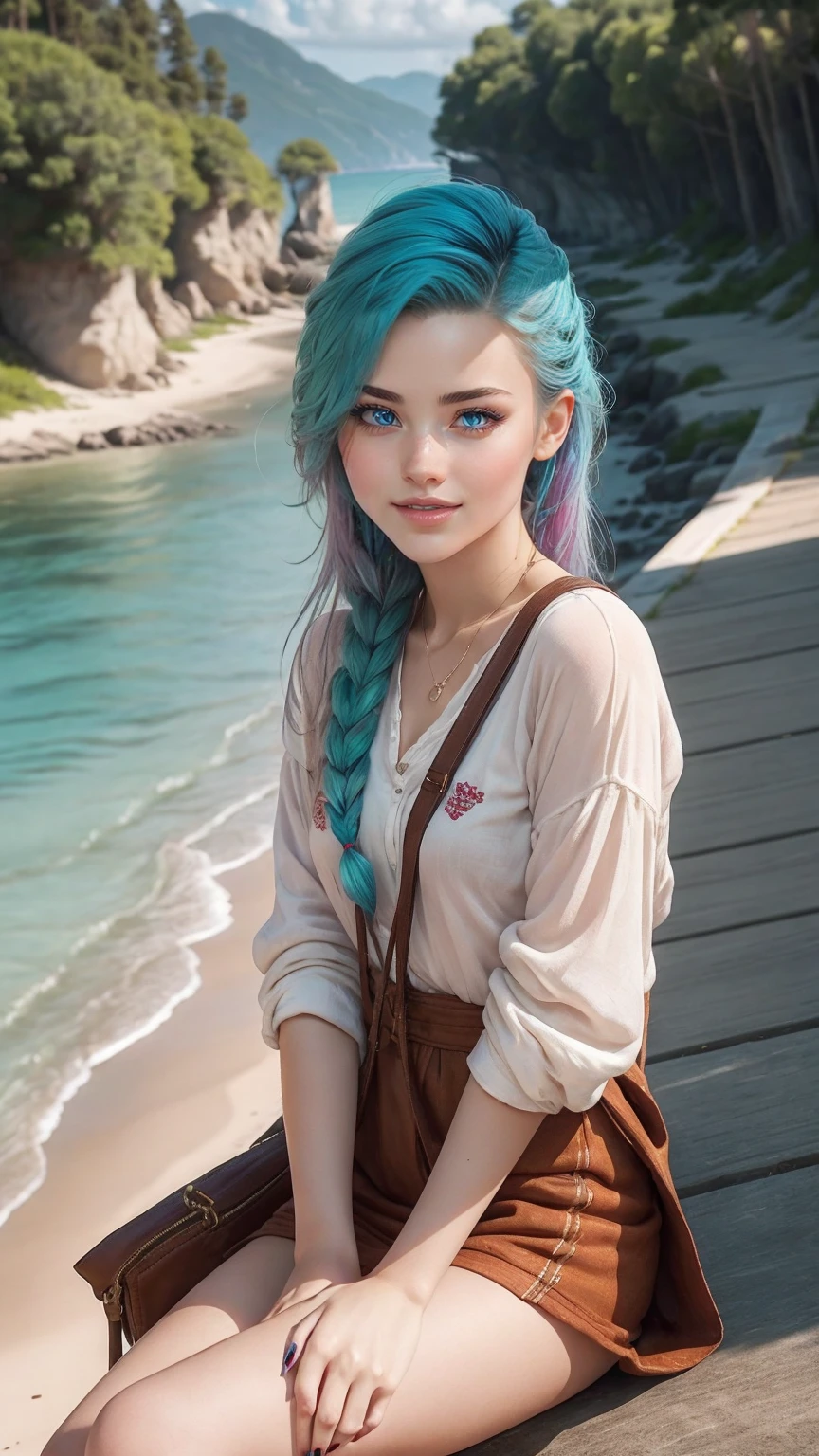 (最high quality, 8K, masterpiece: 1.3, Ultra HD, high quality, 最high quality, High resolution, realism)) 、25 year old white woman、brunette、blue eyes、long hair、smile、slender、slenderだがアスリートのような細マッチョ、I don&#39;t want my head to disappear from the screen.、Wear accessories on your wrist、Wearing red nail polish、I have a peticure、Wear a summer sailor uniform、wear loafers、have a student bag、inner color((colored inner hair))、long hair ((long hair))、Undercut Hair((undercut)、Triple tail((tri tails))、Climb onto a four-metre seawall on the coastline、sit down、smile((smile))