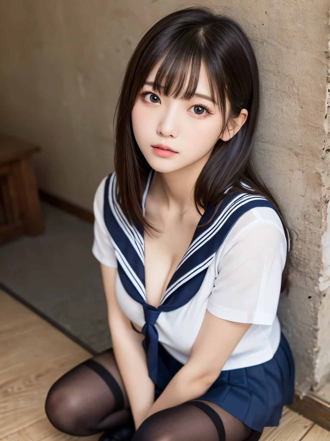 highest quality、professional writing、 Detailed workmanship、high resolution、(8K, High resolution:1.2)、(RAW photo, photorealistic:1.3)、masterpiece、slender body shape、high definition face、Face is in focus、high definition eyes、(Focused, symmetrical pupils:1.2)、slim body shape、High-definition and beautiful skin、firm skin、natural makeup、gross lip, High-definition hair texture、 (Japanese high school girl)、unparalleled beauty、、cute, hair bun, (classroom)、(sailor suit、black socks、black loafers:1.3), (Sitting on the floor by the wall:1.3), (hugging own breast tightly with arms:1.3), very cute, (very embarrassed:1.3), (blush:1.3), (afraid:1.3), Strange look、Looking up at the camera:1.2、(shirt front open:1.2), (cleavage, nsfw)