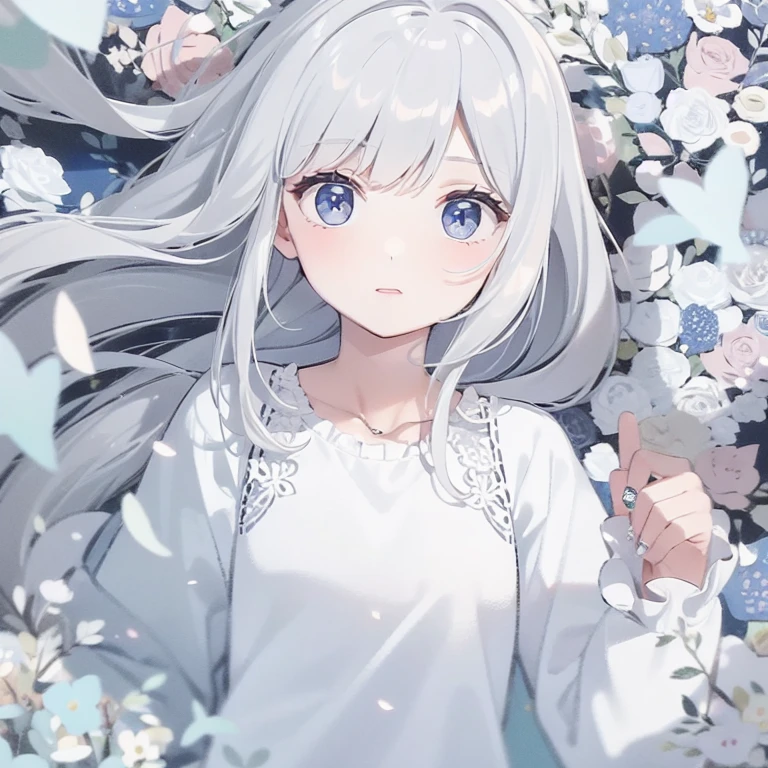 ((masterpiece, best quality))++, Detail lights+,  detail hair+, Detail hand+ ,1 girl, long gray hair,   dark blue eyes,  beautiful eyes, Young gray hair,,(beautiful white hair:1.5),(beautiful eyes),    high resolution+,   ，  Glass tones, Reflective eyeanyery detail wallpaper, The original, ,Headband ，Nature，Beautiful aurora，single ponytail，city street，A splendid sea of flowers，double ponytail