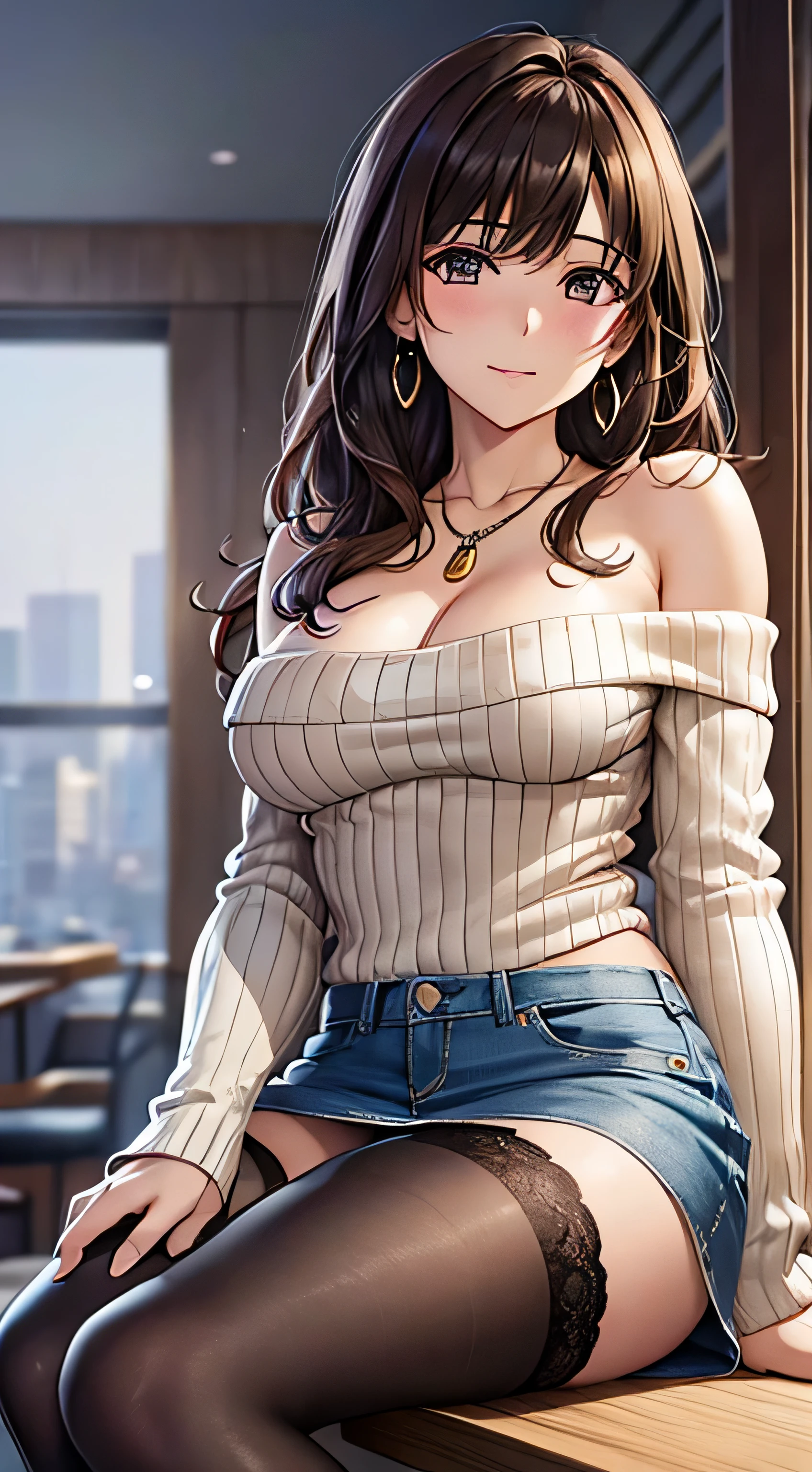 (table top, highest quality, High resolution, , perfect pixel, 4k,), 1 girl, single, alone, Beautiful woman、I could see the whole body、 ((wavy middle hair, bangs, brown hair)), ((brown eyes, beautiful eyelashes, realistic eyes)), ((detailed face, blush:1.2)), ((smooth texture:0.75, realistic texture:0.65, realistic:1.1, Anime CG style)), medium breasts, dynamic angle, perfect body, ((, beige off shoulder sweater、Tight denim skirt、black stockings、cute necklace、earrings、)), upper grade、shy smile、Luxury hotel room、lie down on the sofa、((open legs))、angle from below、Put your arms together to accentuate your cleavage、、((Pink lace panties are visible))、