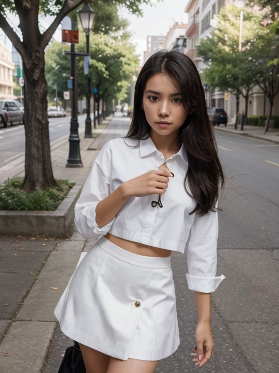 14 year old filipino girl taking photos in uniform, taken with canon eos r 6 camera, university background. Elegant black suit and skirt. The girl wears a black suit, a white shirt and a black skirt, she wears long black leather lace-up shoes. She emphasizes the classic style. The images are of the highest quality (best quality, 8K resolution, high resolution, nffsw:1.2). It provides extremely detailed and photorealistic visual effects. This scene features special effects reminiscent of the TV legal series "Suits", creating a dynamic and lively atmosphere. Around the girl are various symbols and elements that represent elegance, wealth and classic style Lighting: Highlight the unique, uniformly created to bring out the vibrant colors of the artwork. Composition: Capture the enthusiasm and creativity of a girl posing for the perfect photo on a modern street near a city park.
