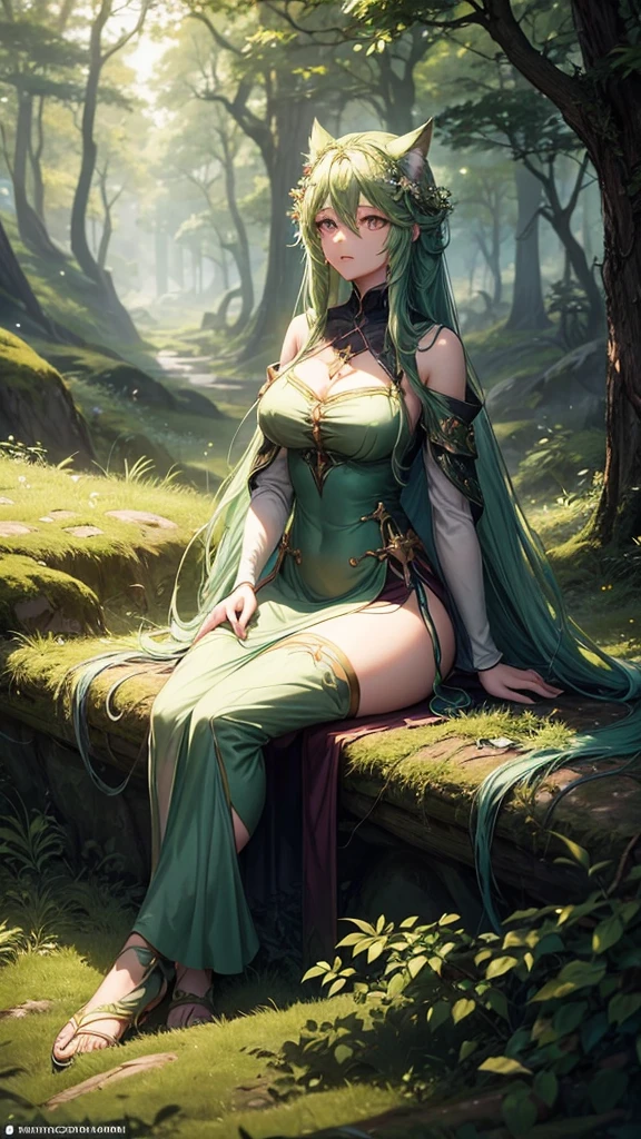 a woman with long green hair sitting on a rock in the woods, trending on artstation pixiv, goddess of the forest, fey queen of the summer forest, forest soul, guweiz on pixiv artstation, queen of the forest, guweiz on artstation pixiv, from arknights, fantasy art style, beautiful fantasy anime, beautiful anime catgirl