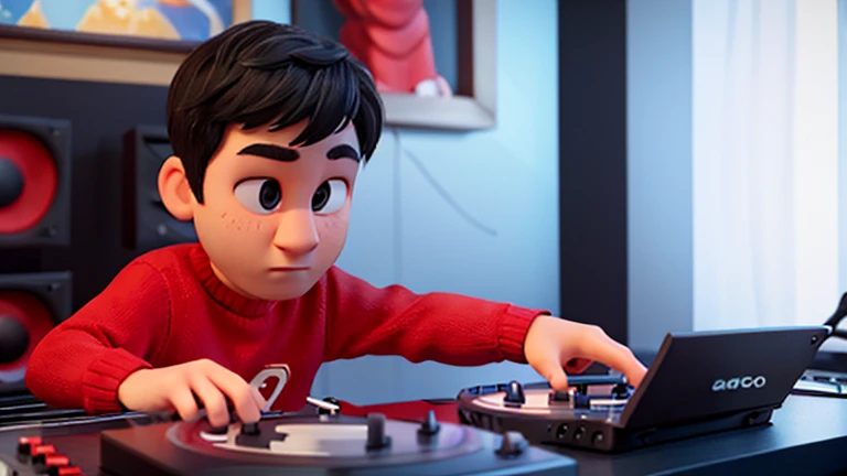 Create a 3D image Pixar Style man 27 years old A DJ Placing music on his dj controllers Red sweater black hair black eyes white skin 