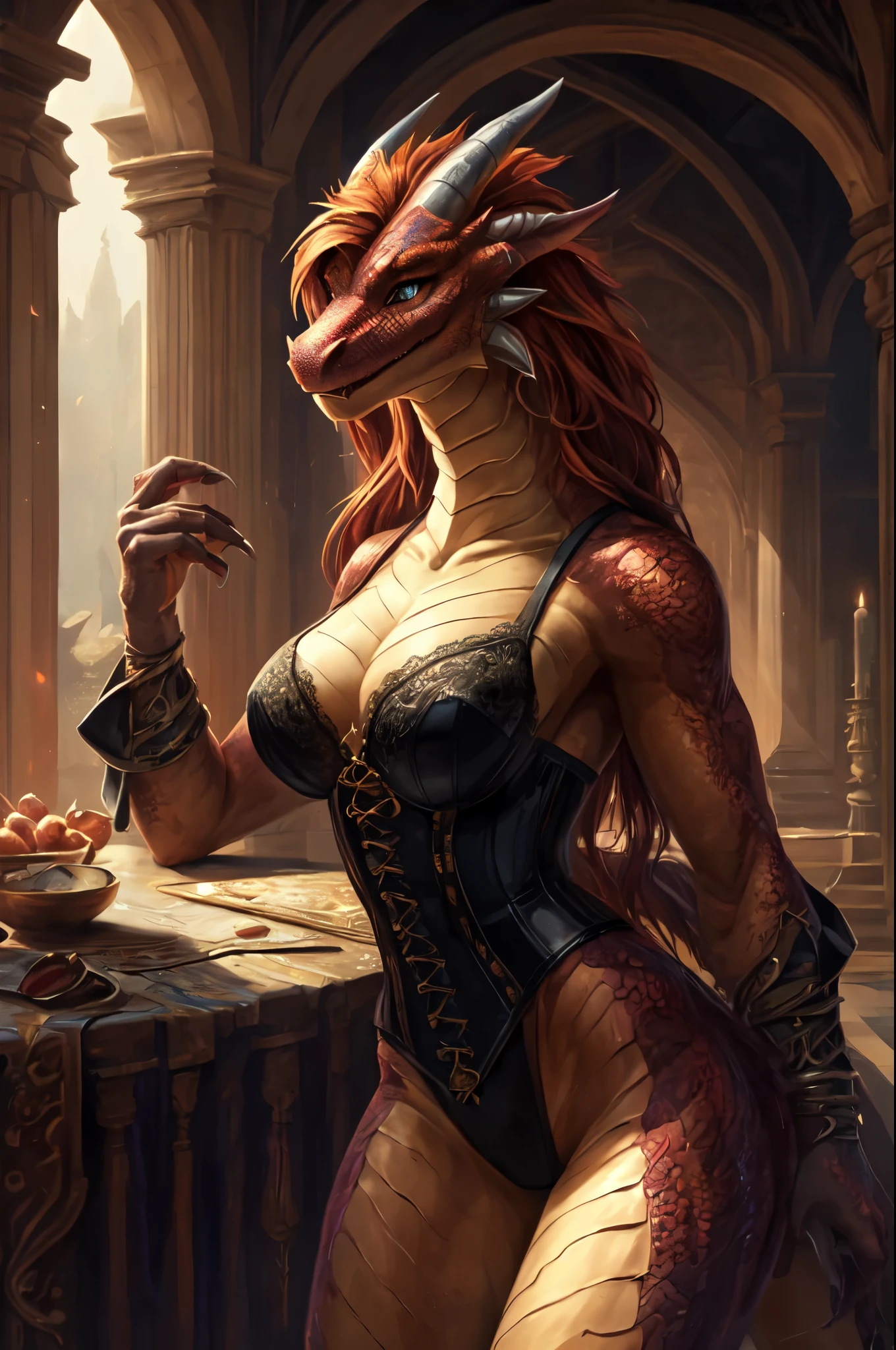 uploaded on e621, by Pixelsketcher, by Bayard Wu, by Thomas Benjamin Kennington , by Einshelm, solo anthro, ((full length, General plan)), BREAK, ((concentration)), (detailed Bonifasko lighting), (Detailed scales), (detailed skin), (Colorful Dragon, Colorful Dragon, Colorful Dragon), BREAK, ((Dragon's hiss)), ((NSFW)), ((Long, Graceful multi-colored tail)), (flowing ginger hair)), ((Detailed background)), ((in full height)), (((Type of faces))), (half body shadow), [Backlighting], [crepuscular ray], [Detailed ambient light], [gray natural lighting], [Ambient light],  [explict content], [sharp-focus], (Questionable content), (shaded), ((Masterpiece), hiss, With their own hands;, flowing long hair, Chest of medium scales, Fluffy multi-colored dragon, Dragon Face, furry fantasy art, Furry art, commission for high res, anthro art, Art,Sakimichan is beautiful, Masterpiece, Best Quality, Detailed image, Bright colors, Detailed Face, perfect  lighting, Perfect shadows, Perfect eyes, focus on girl, dragon eyes, flawless face, (( Graceful multi-colored tail)) dragon, light skin, Dragon Girl, scalie, Scaly Women, Dragon's nose, Large long muzzle, Multi-colored scales, gaze at the viewer, half closed eyes, solo, (Masterpiece), (Best Quality), (illustartion), Long hair, Detailed scales, Balanced coloring, Global Illumination, Ray Tracing, good lighting, scales, anthro, Showing breasts, cleavage, looking a viewer, seductive gaze, NSFW, seductive pose, (A higher level of medieval interior), ((shapely body, elegant clothing, long slim legs, long neck)), ((chic shiny high black boots, stocklings, corset tightens bulging breasts, panty and bra, seductive pose)), ((medieval bordel, Rich furnishings, characters in the background))