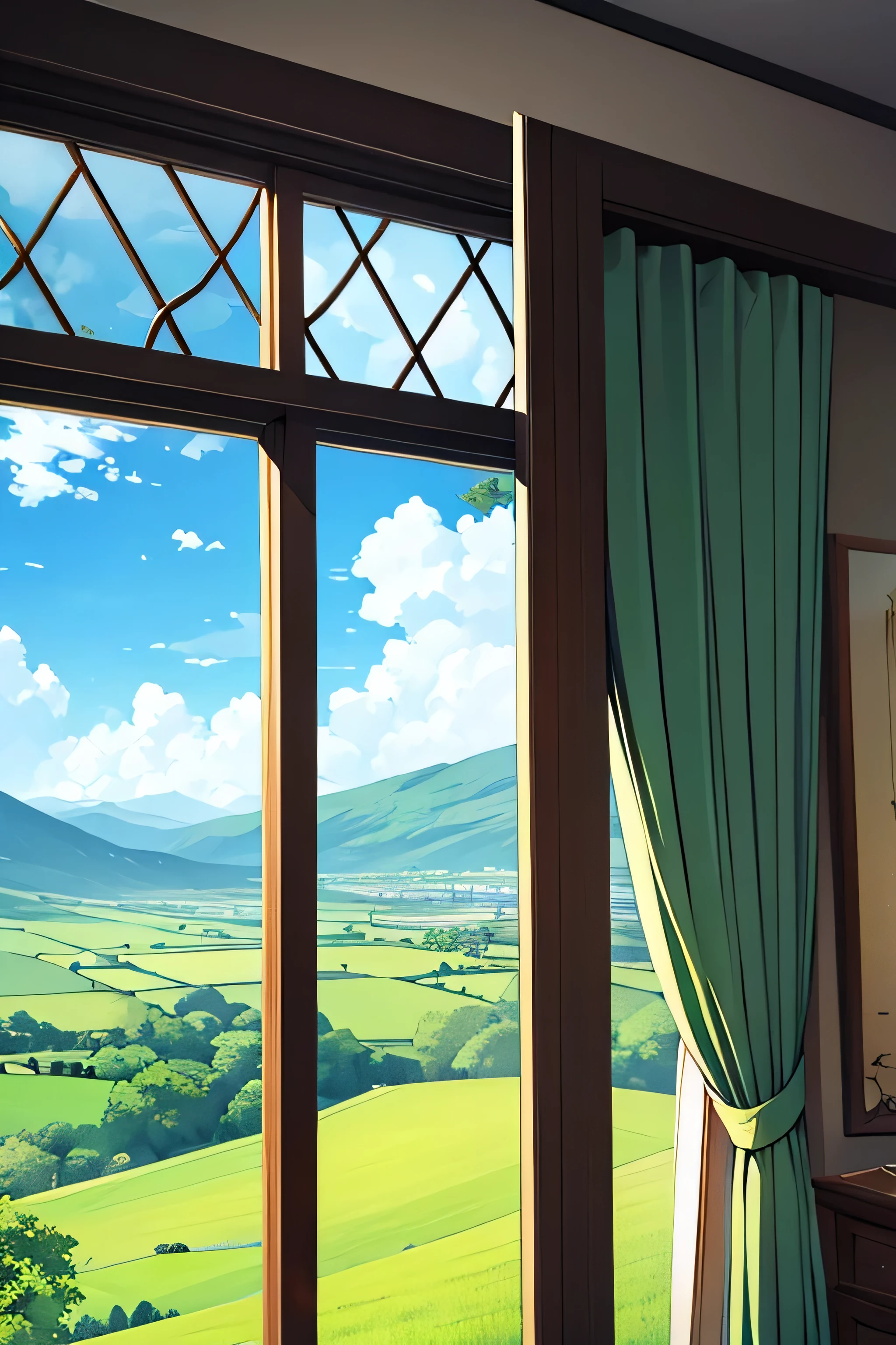 Seeing a green valley through window, blue sky cloud 