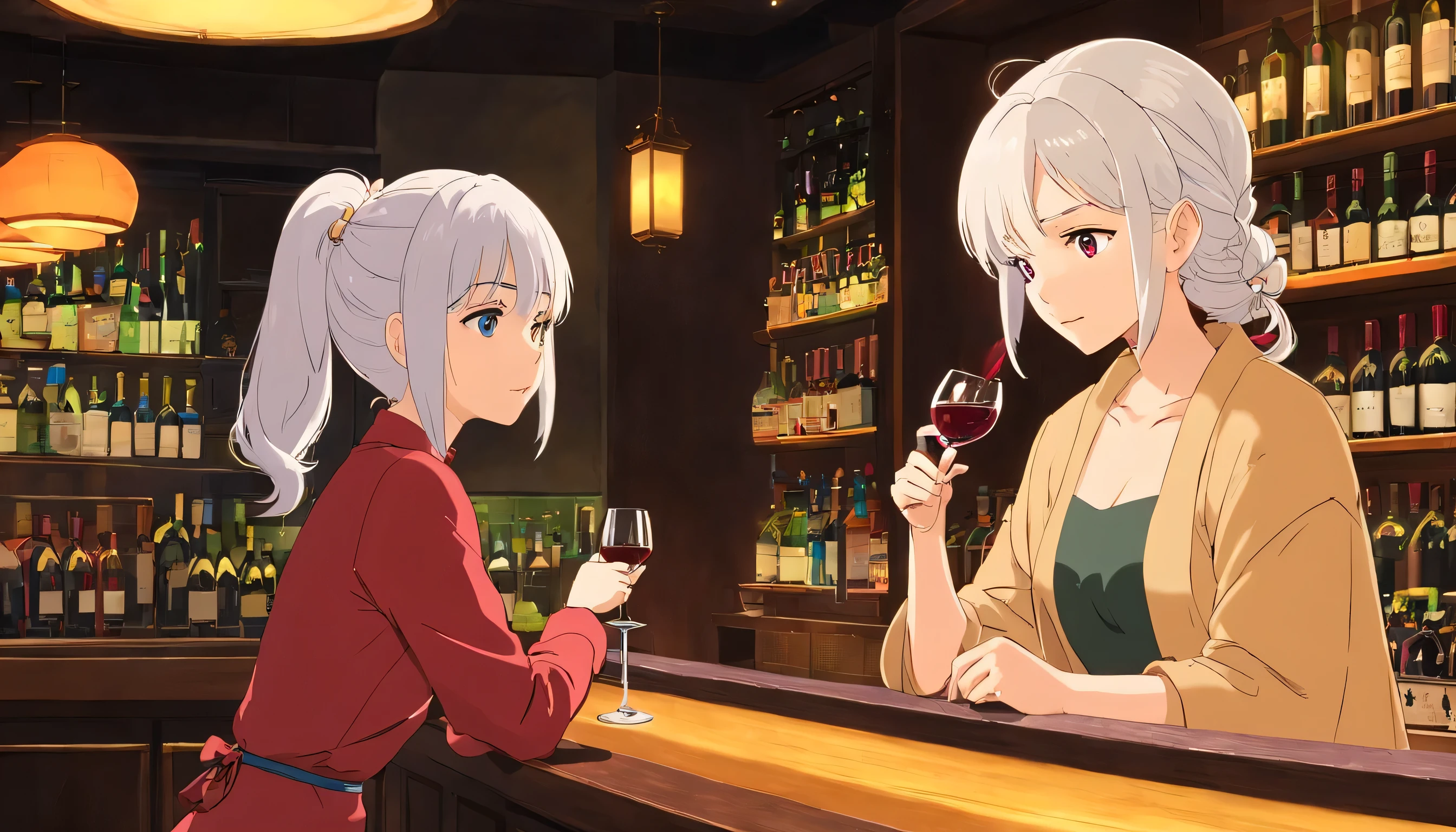 Background: A stylish bar counter that reminds you of the early Showa era in a dimly lit shop. The inside of the store is quiet and creates an atmosphere with a little jazz music playing. - **Character 1: One woman with white and straight Ponytail hair. wine in hand. Beautiful big breasts: 1.3,sad expression,Y-shirt Long coat coordination、I sit at the counter seat and look at the wine glasses and think,The bartender is looking at you.Looking at the wine glass with a sad expression(Inside the dark store)exposure fashion、with a male customer A woman with white hair who plays the heroine have a drink together